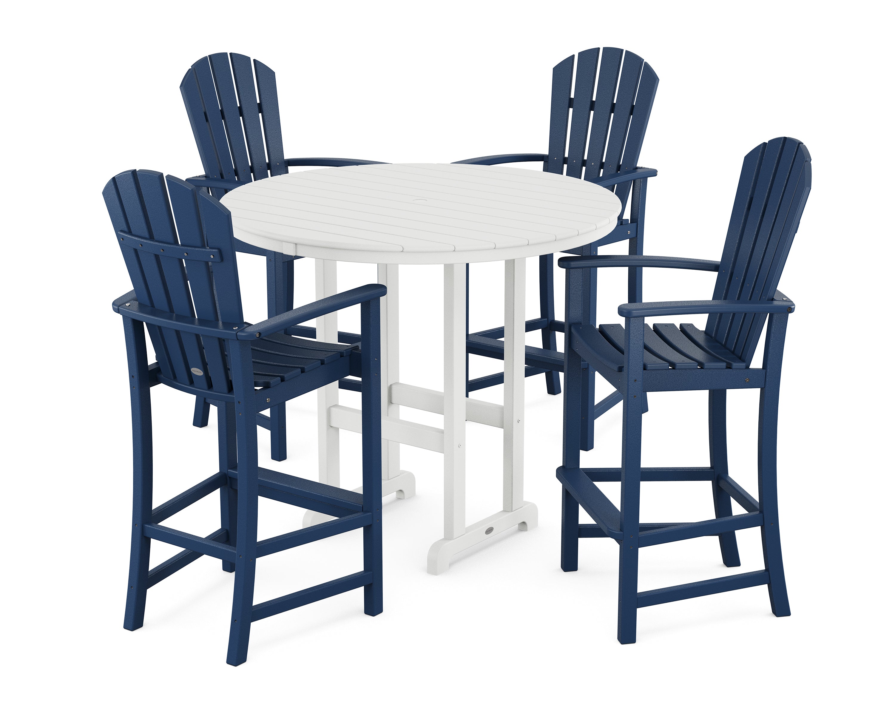POLYWOOD® Palm Coast 5-Piece Round Farmhouse Bar Set in Navy / White