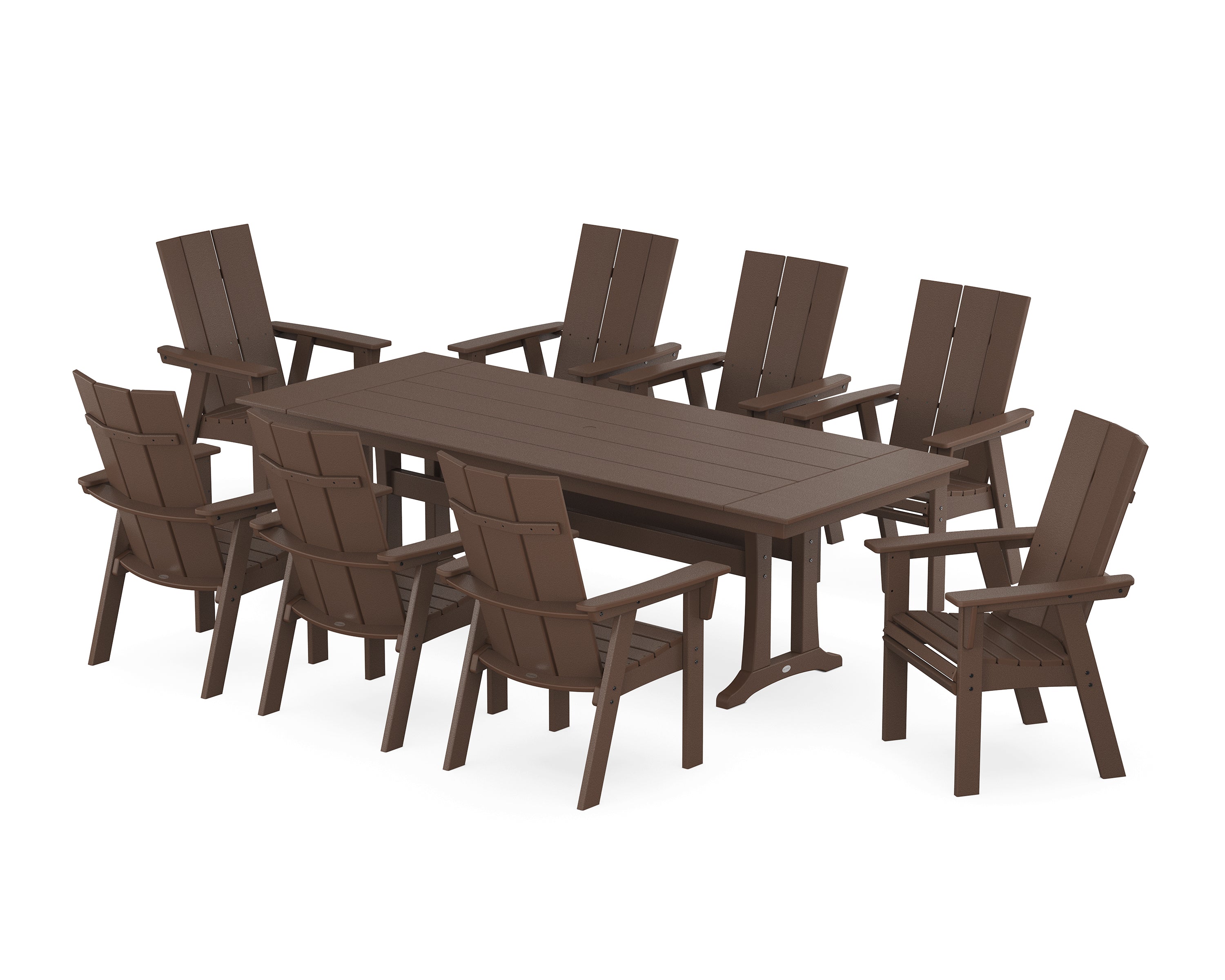 POLYWOOD® Modern Curveback Adirondack 9-Piece Farmhouse Dining Set with Trestle Legs in Mahogany