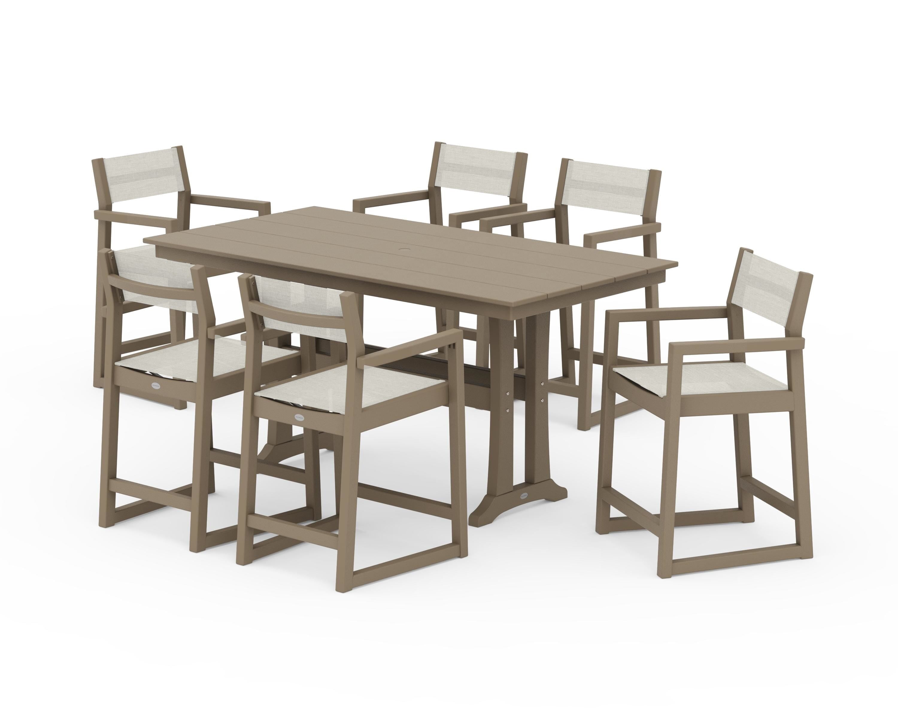 POLYWOOD EDGE Sling Arm Chair 7-Piece Farmhouse Counter Set with Trestle Legs in Vintage Sahara / Parchment Sling