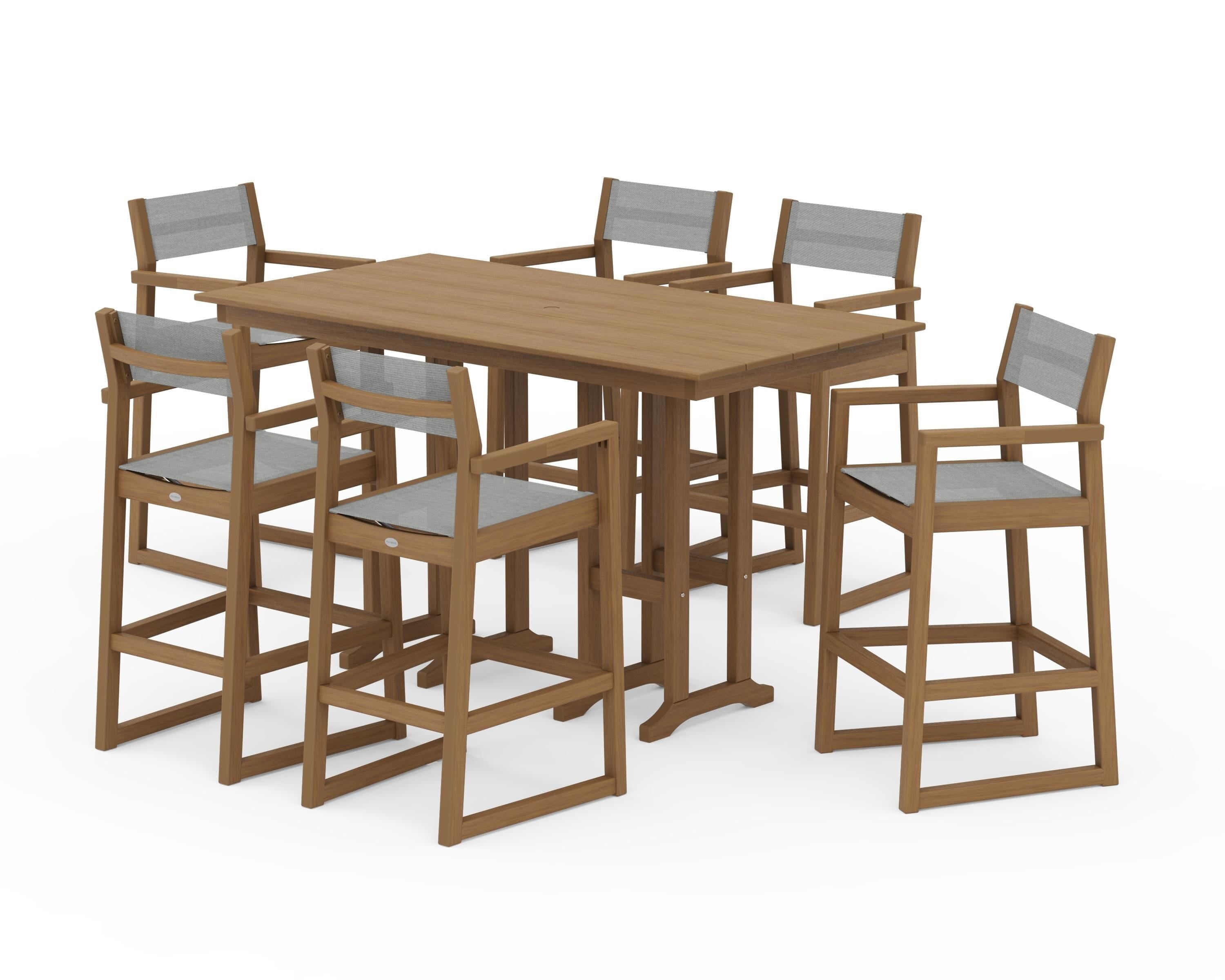 POLYWOOD EDGE Sling Arm Chair 7-Piece Farmhouse Bar Set in Natural / Metallic Sling