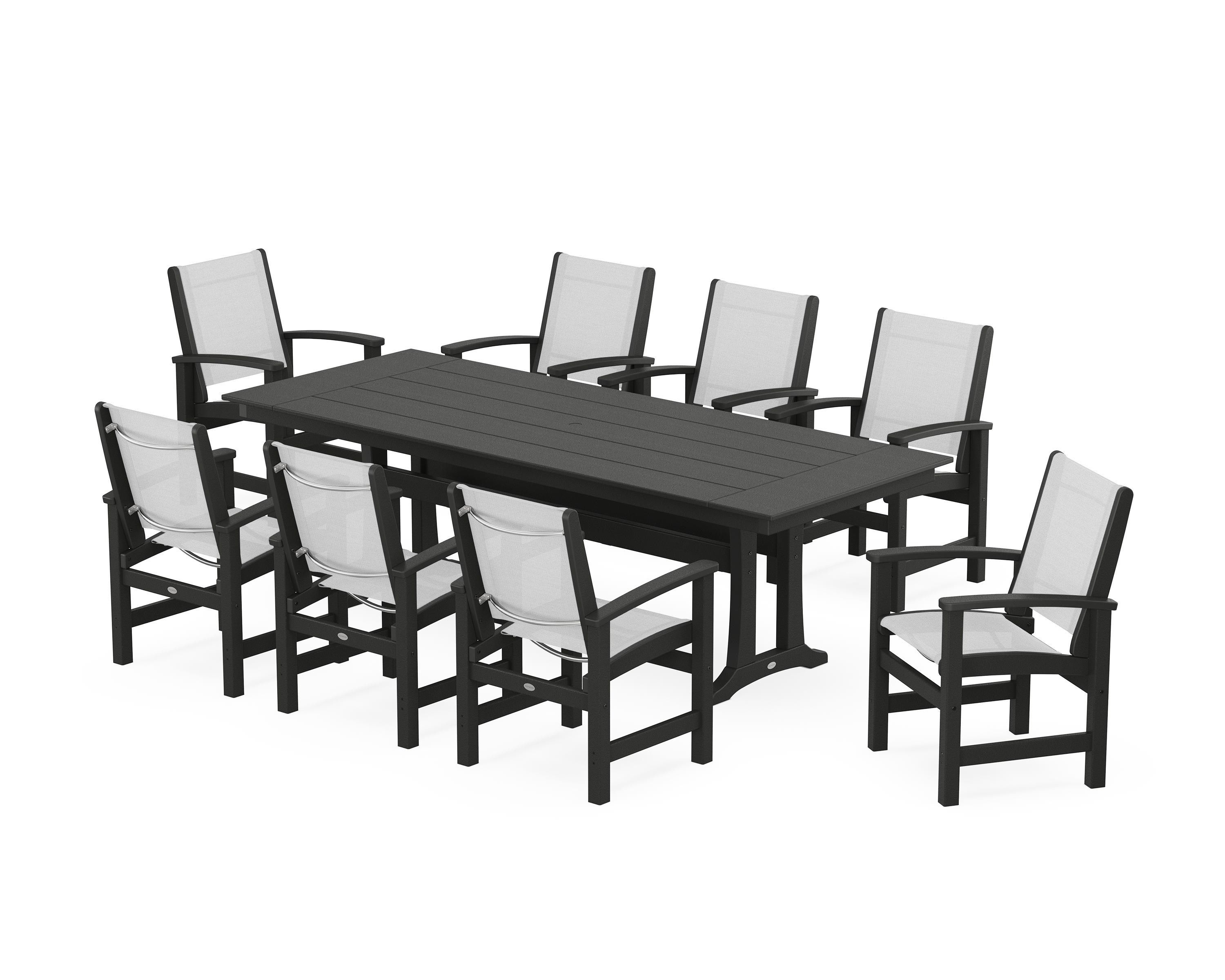 POLYWOOD Coastal 9-Piece Farmhouse Dining Set with Trestle Legs in Black / White Sling