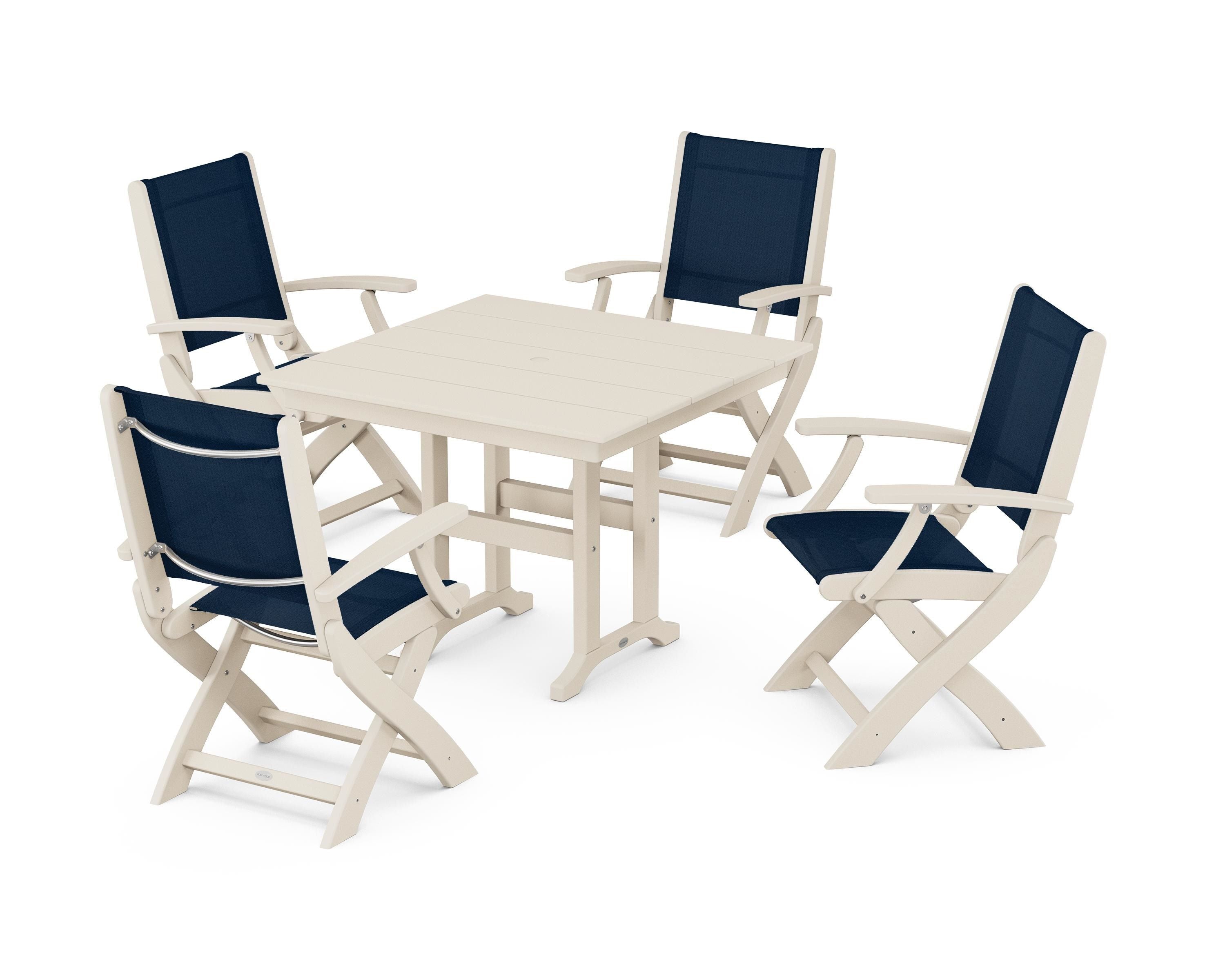 POLYWOOD Coastal Folding Chair 5-Piece Farmhouse Dining Set in Sand / Navy Blue Sling