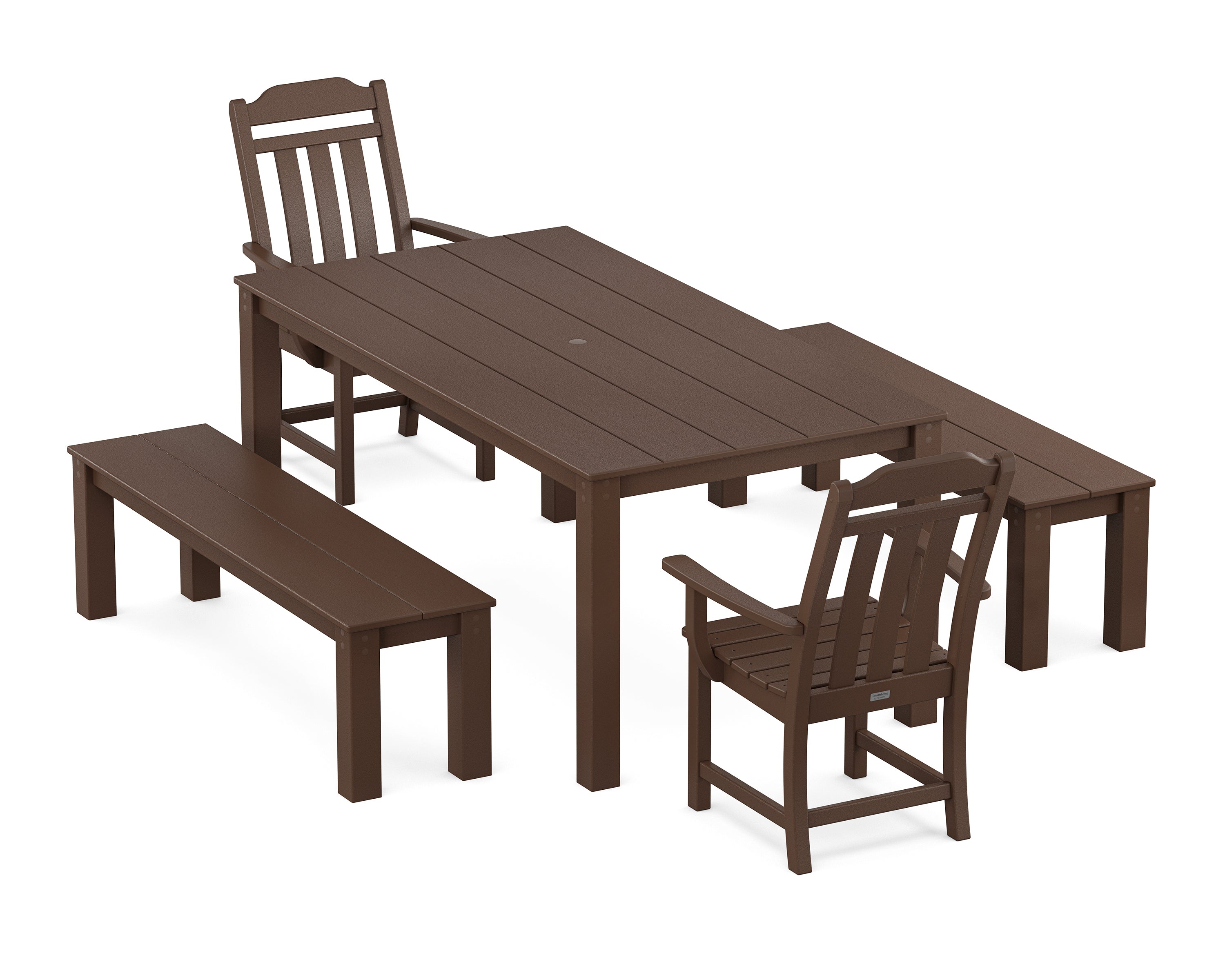 Country Living Cottage 5-Piece Parsons Dining Set with Benches in Mahogany