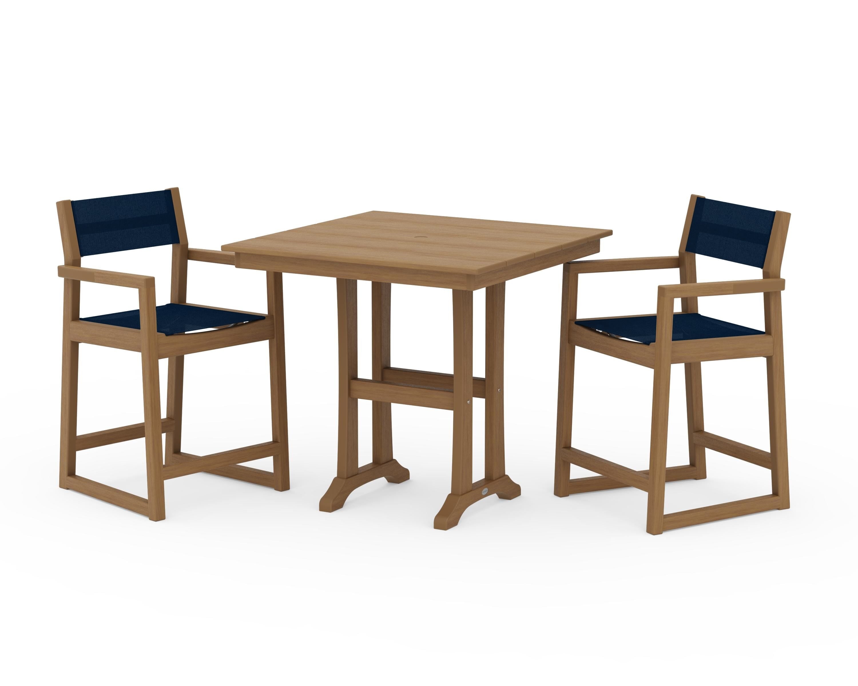 POLYWOOD EDGE Sling Arm Chair 3-Piece Farmhouse Counter Set with Trestle Legs in Natural / Navy Blue Sling