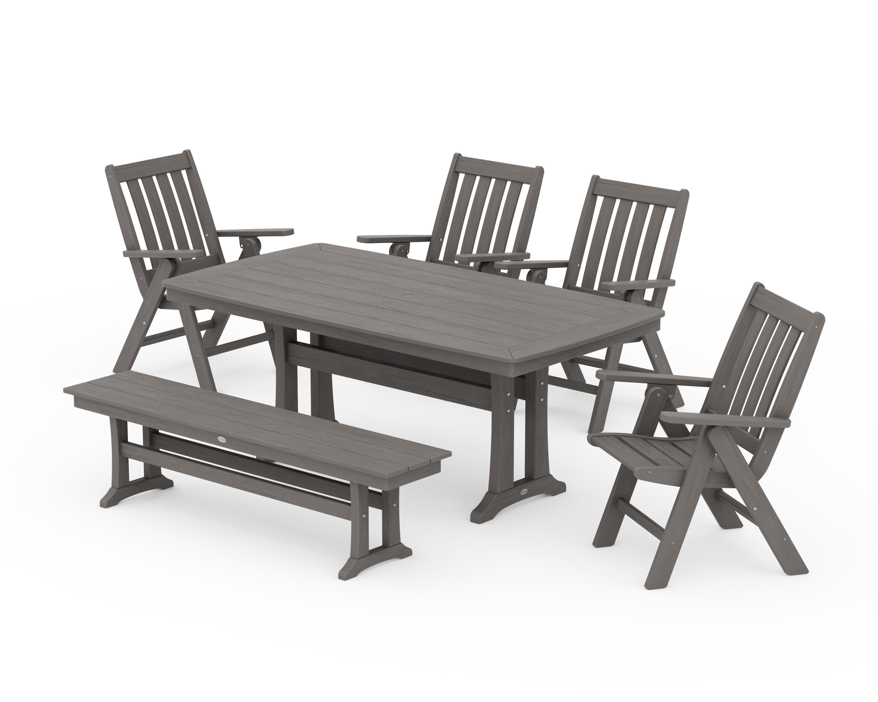 POLYWOOD Vineyard Folding Chair 6-Piece Dining Set with Trestle Legs and Bench in Driftwood