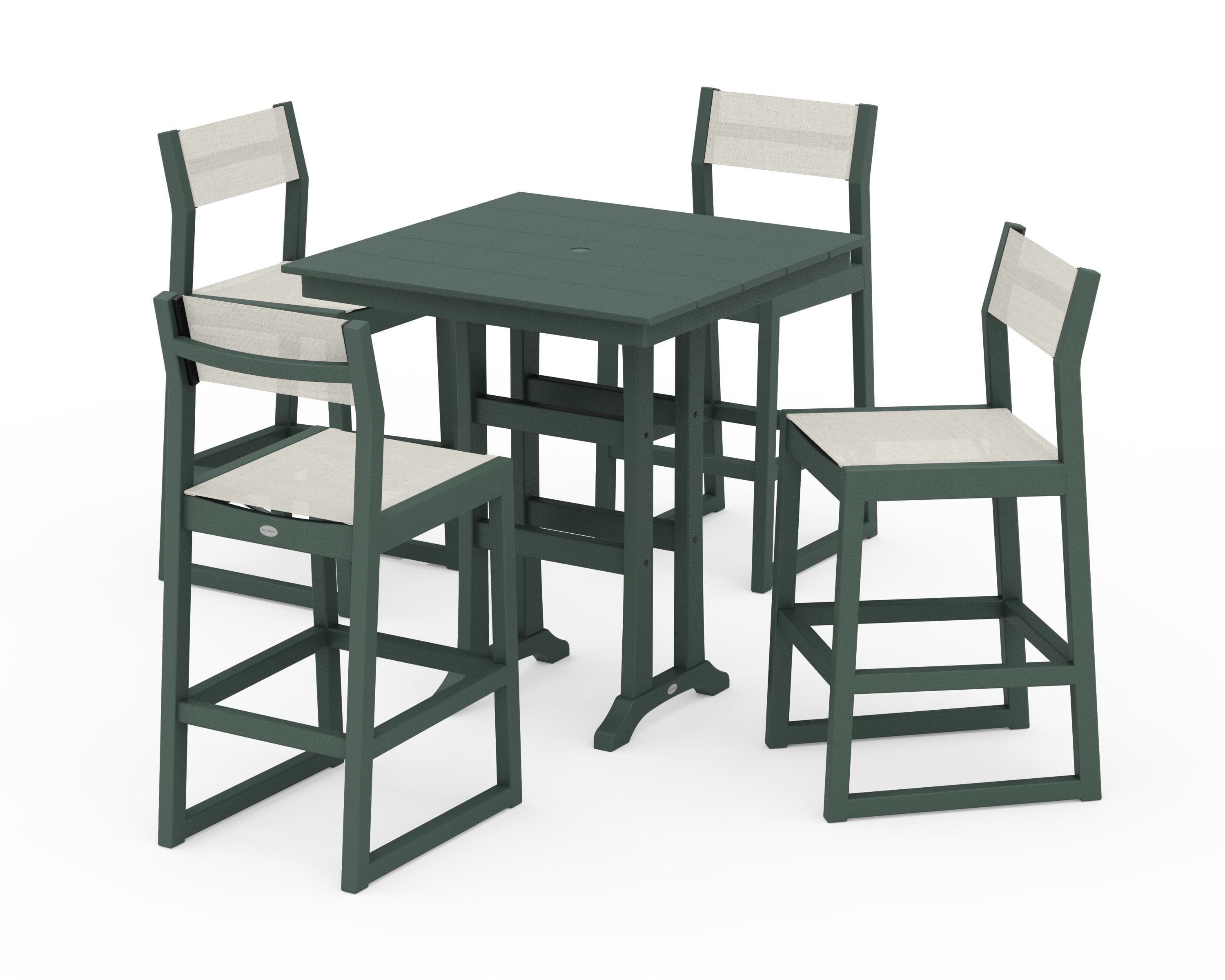 POLYWOOD EDGE Sling Arm Chair 5-Piece Farmhouse Bar Set with Trestle Legs in Green / Parchment Sling