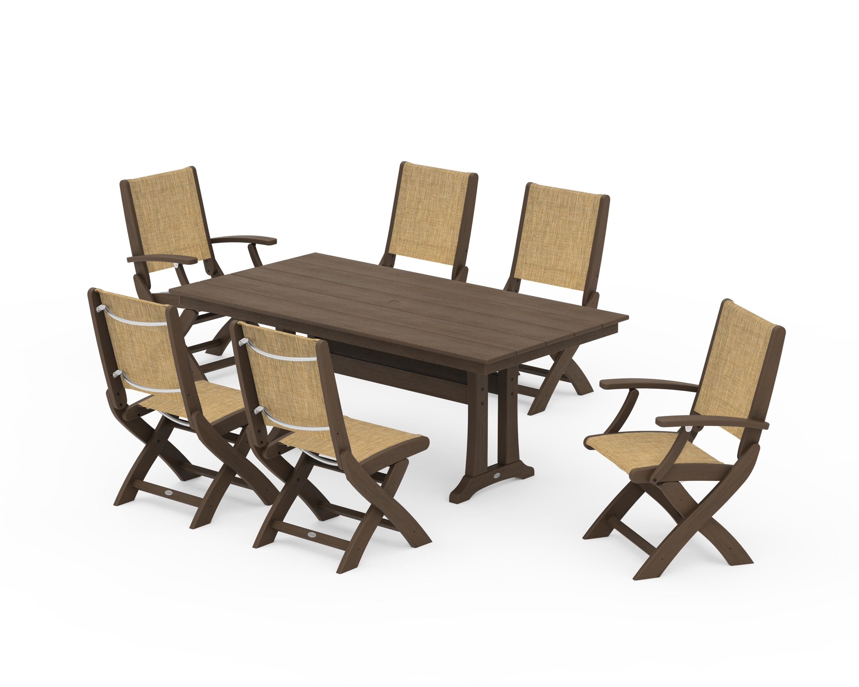 POLYWOOD Coastal Folding Chair 7-Piece Farmhouse Dining Set with Trestle Legs in Kona / Burlap Sling