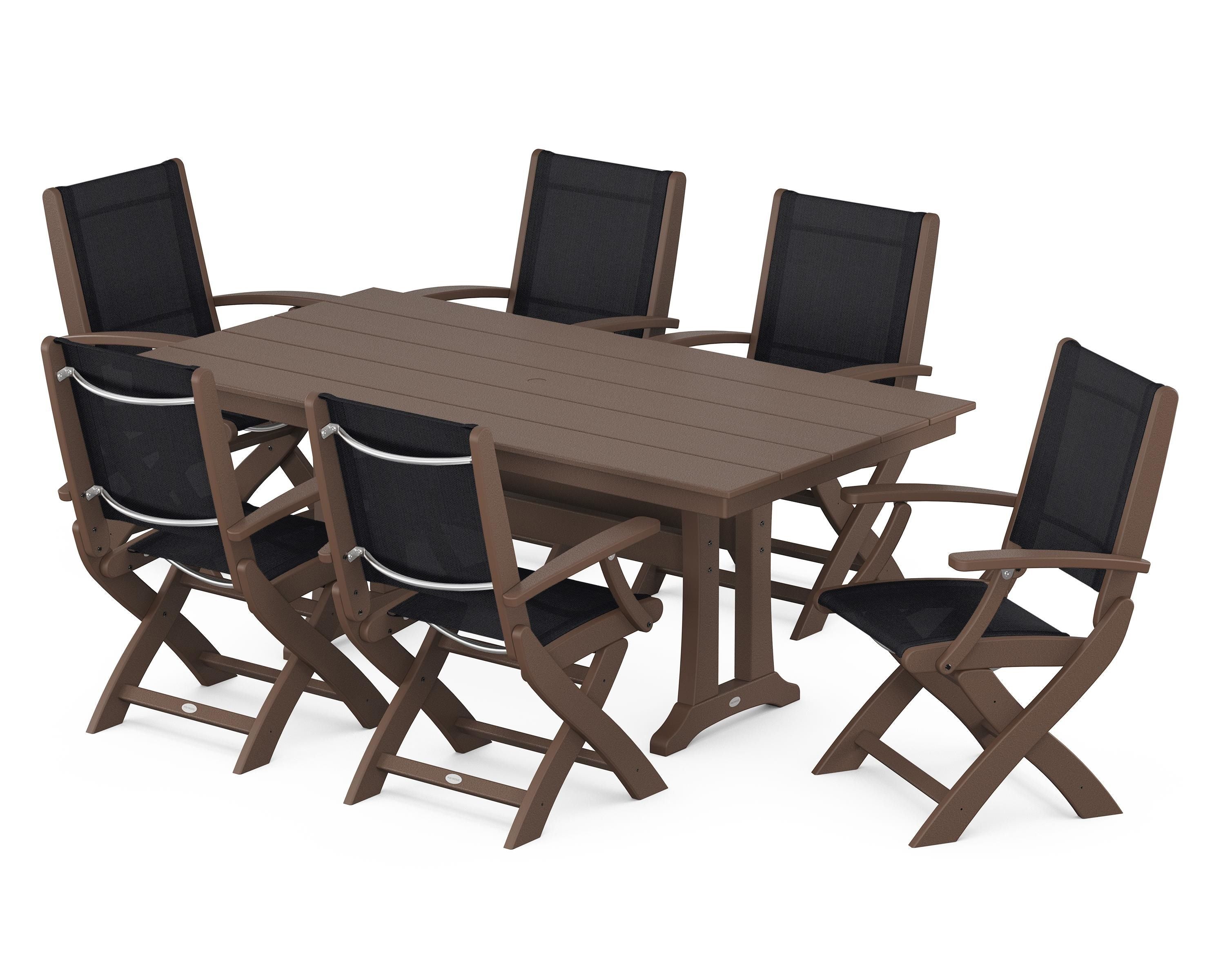 POLYWOOD Coastal Folding Arm Chair 7-Piece Farmhouse Dining Set with Trestle Legs in Mahogany / Black Sling