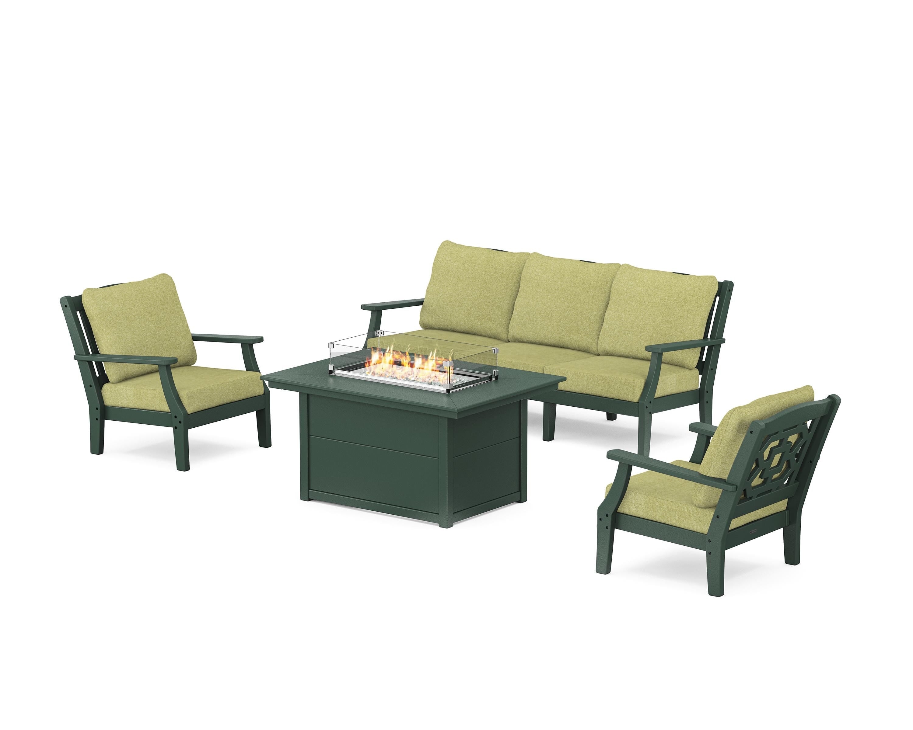 Martha Stewart by POLYWOOD Chinoiserie Deep Seating Fire Pit Table Set in Green / Chartreuse Boucle