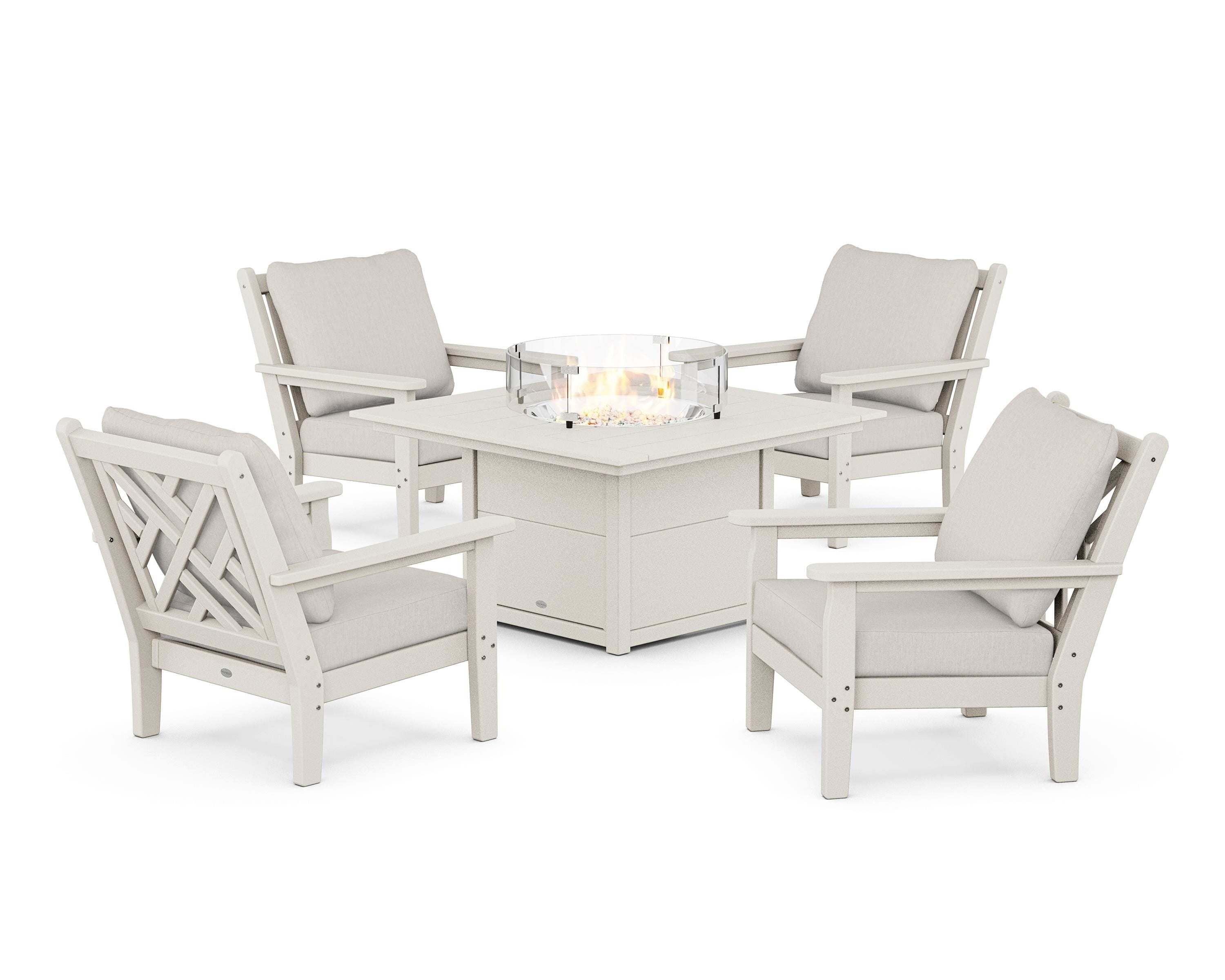POLYWOOD Chippendale 5-Piece Deep Seating Set with Fire Pit Table in Sand / Cast Ash