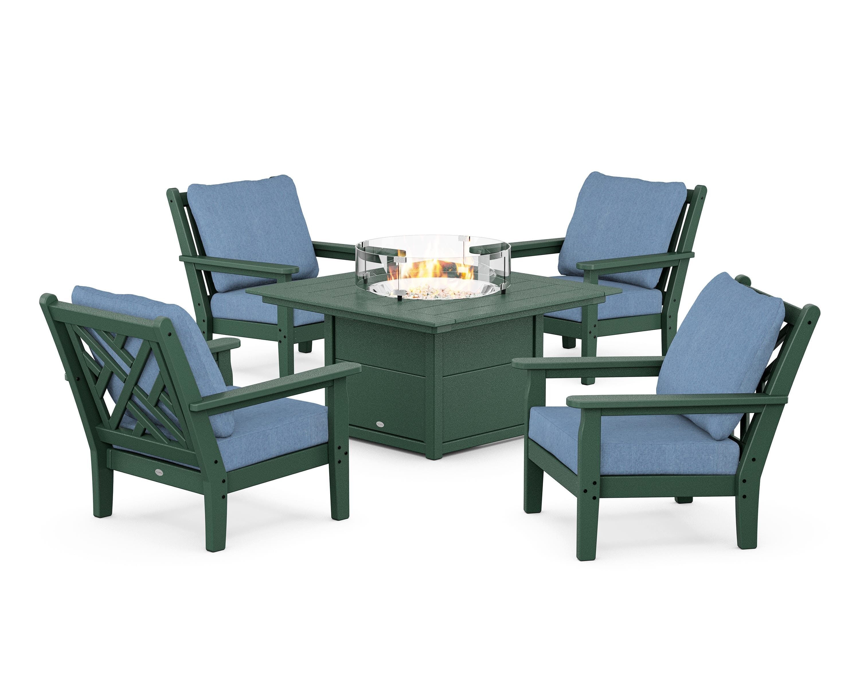 POLYWOOD Chippendale 5-Piece Deep Seating Set with Fire Pit Table in Green / Sky Blue