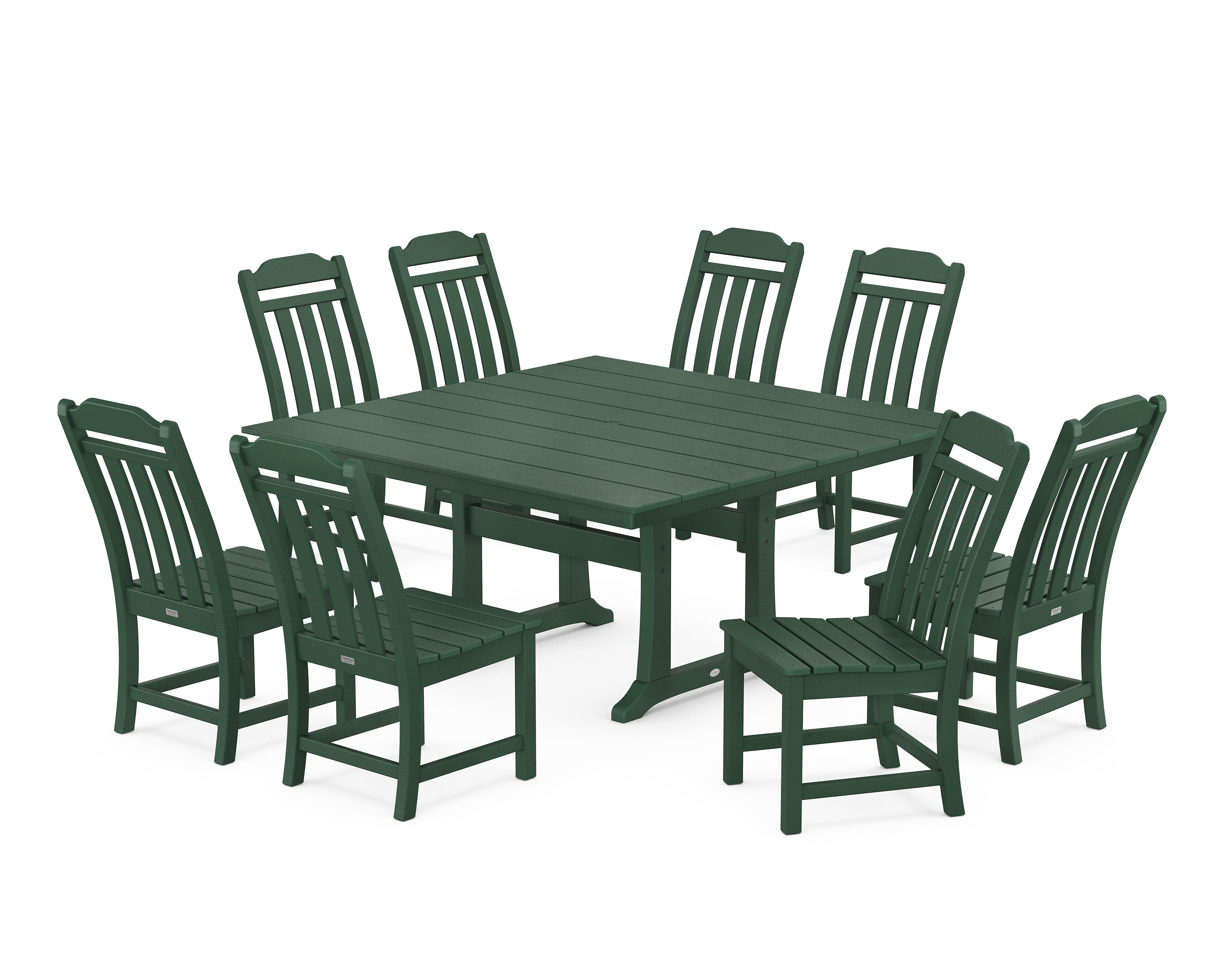 Polywood Country Living 9-Piece Square Farmhouse Side Chair Dining Set with Trestle Legs in Green