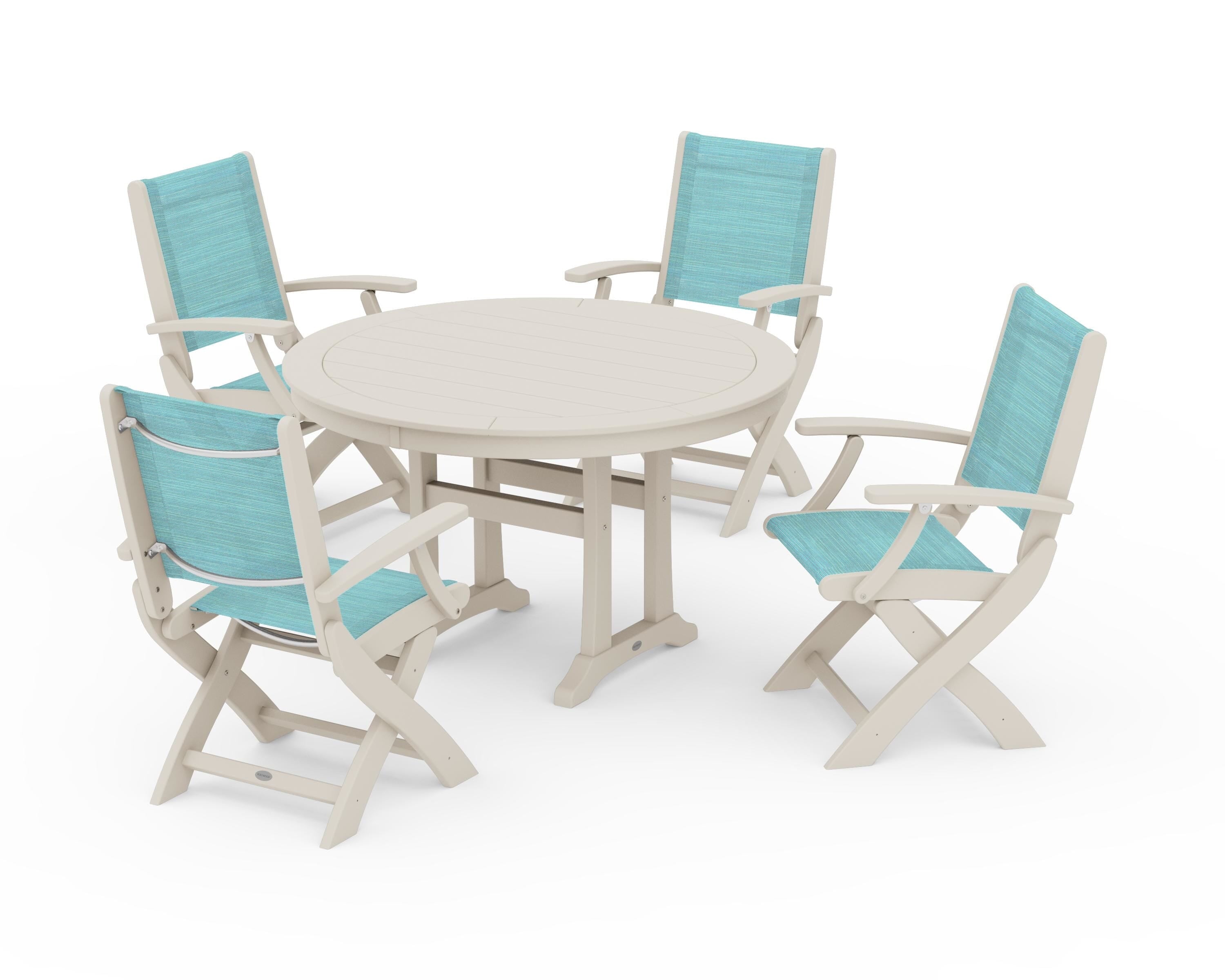 POLYWOOD Coastal Folding Chair 5-Piece Round Dining Set with Trestle Legs in Sand / Dupioni Aquamarine Sling
