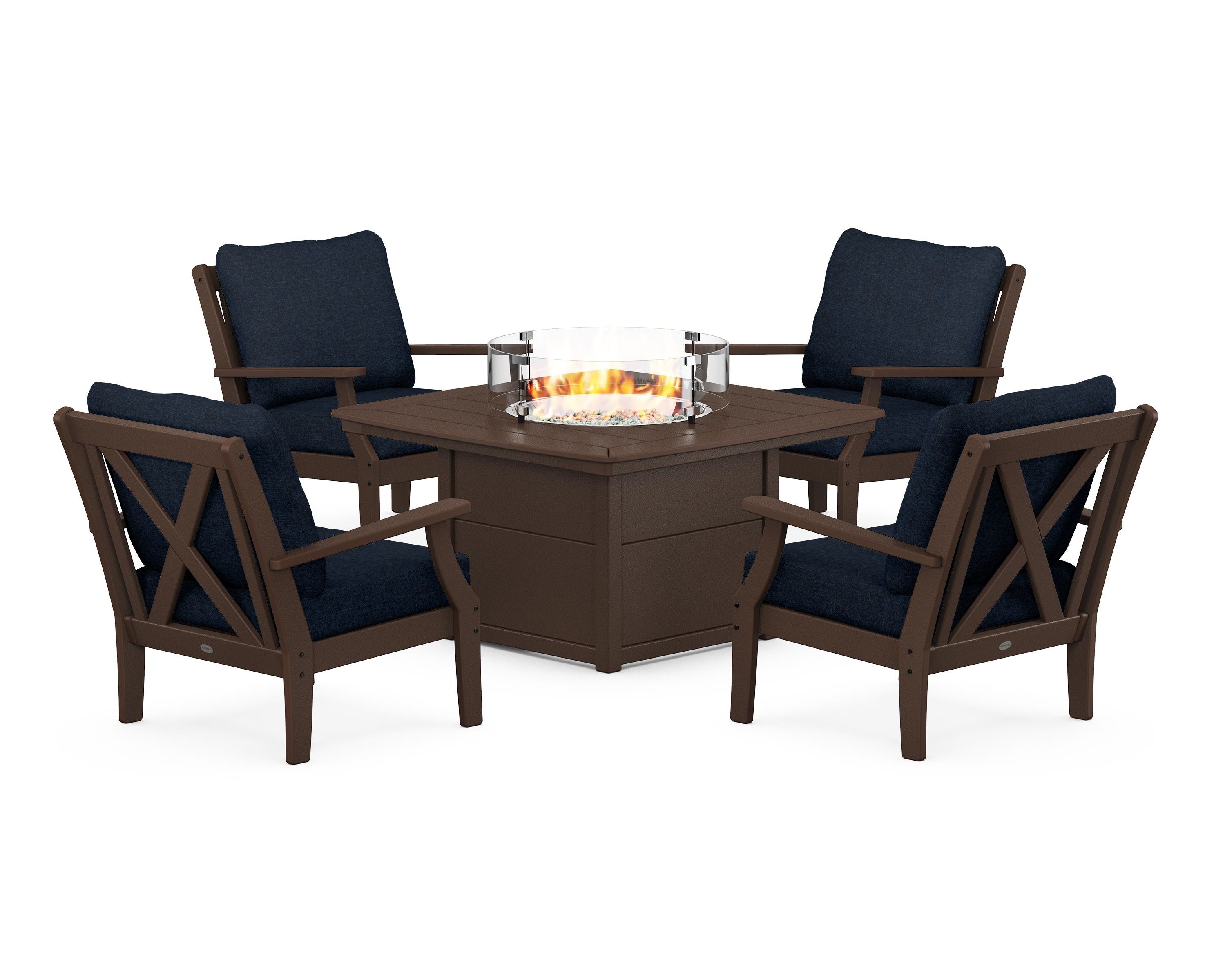 POLYWOOD Braxton 5-Piece Deep Seating Conversation Set with Fire Pit Table in Mahogany / Marine Indigo