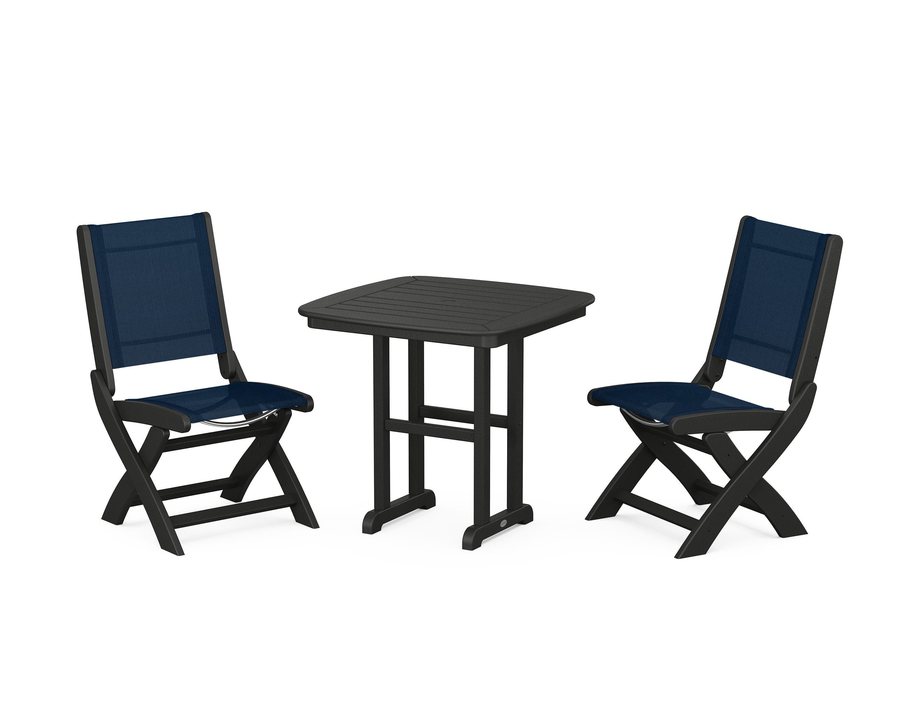 POLYWOOD Coastal Folding Side Chair 3-Piece Dining Set in Black / Navy Blue Sling