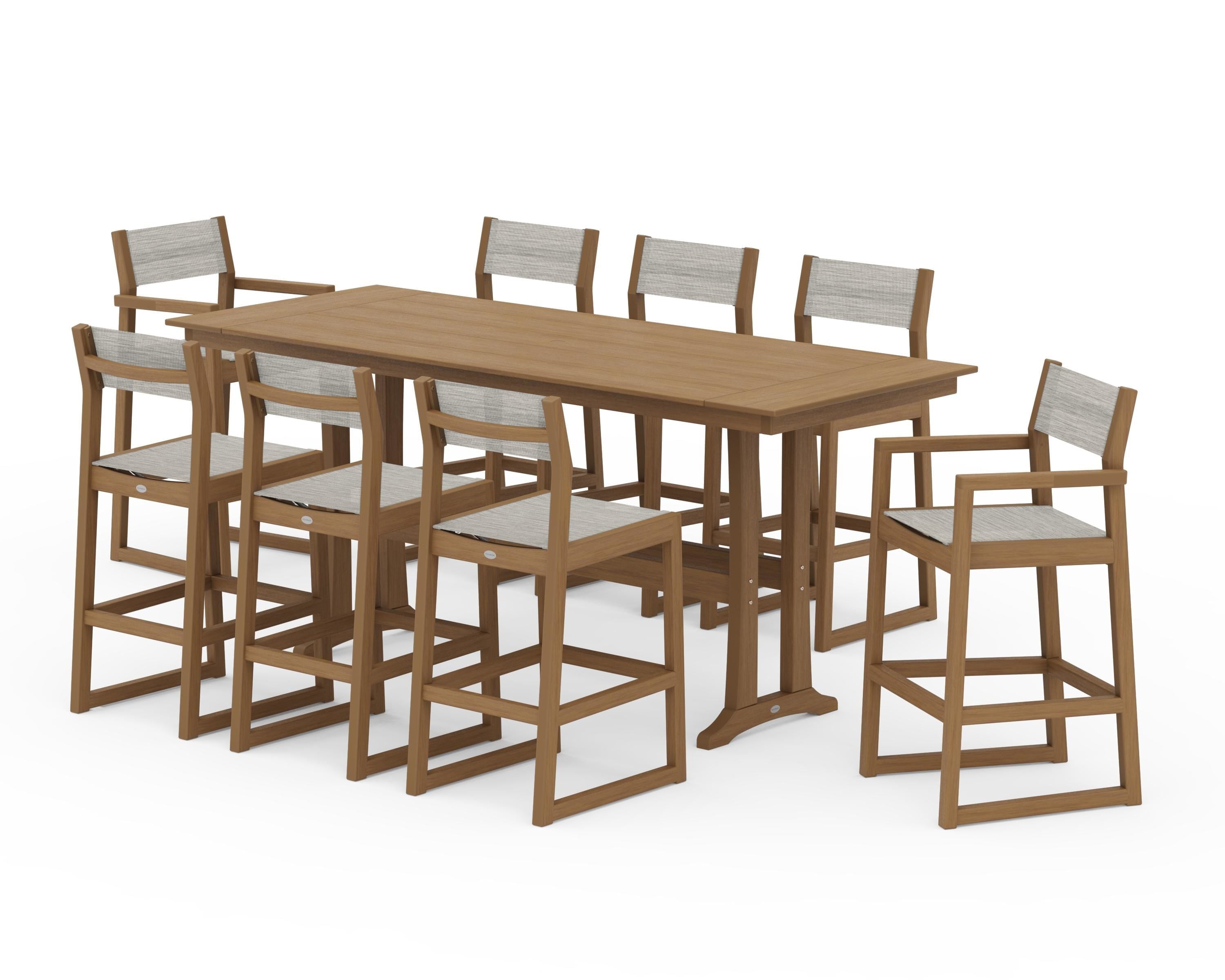 POLYWOOD EDGE Sling 9-Piece Farmhouse Bar Set with Trestle Legs in Natural / Birch Sling