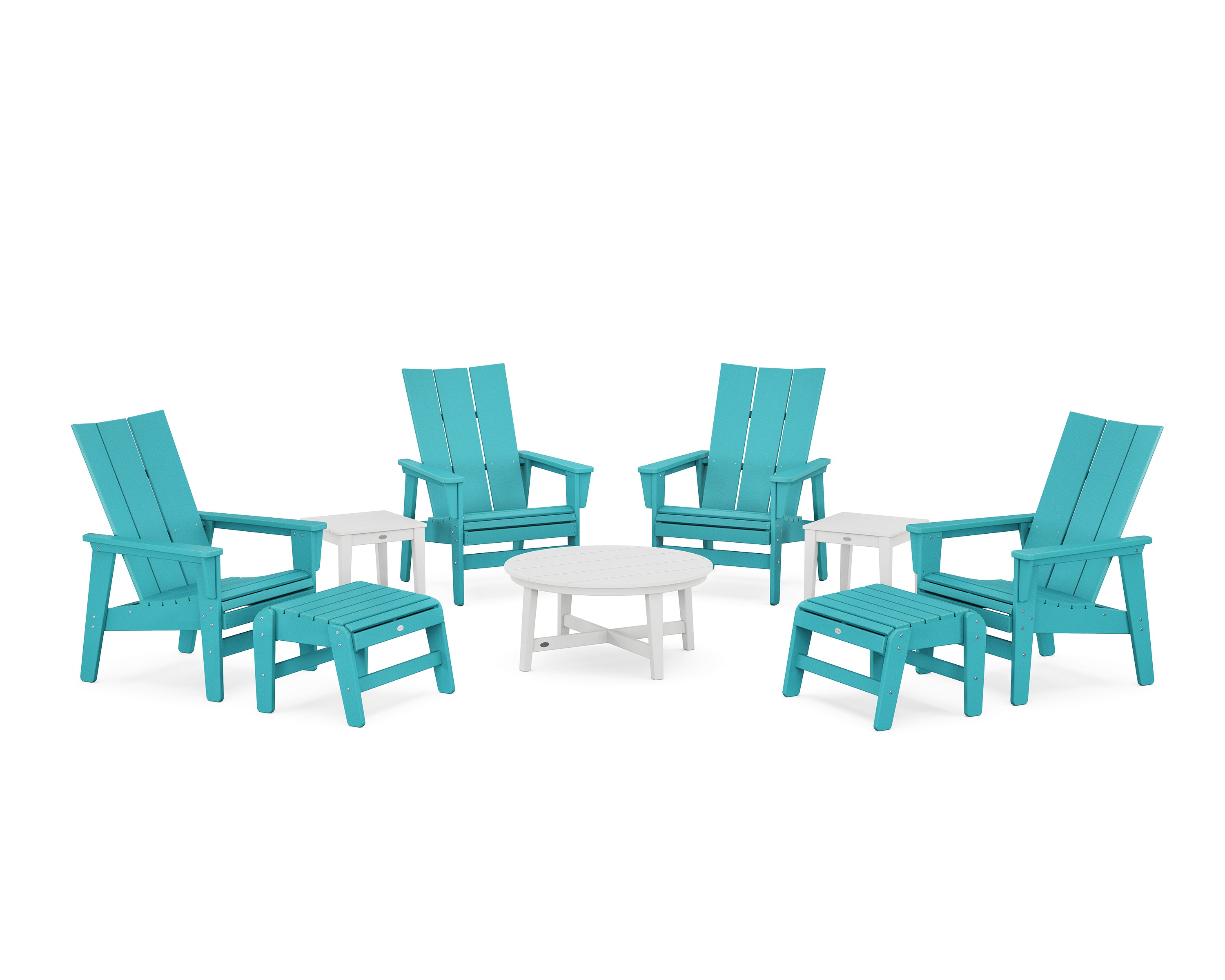 POLYWOOD® Modern Grand Upright Adirondack 9-Piece Conversation Set in Aruba / White