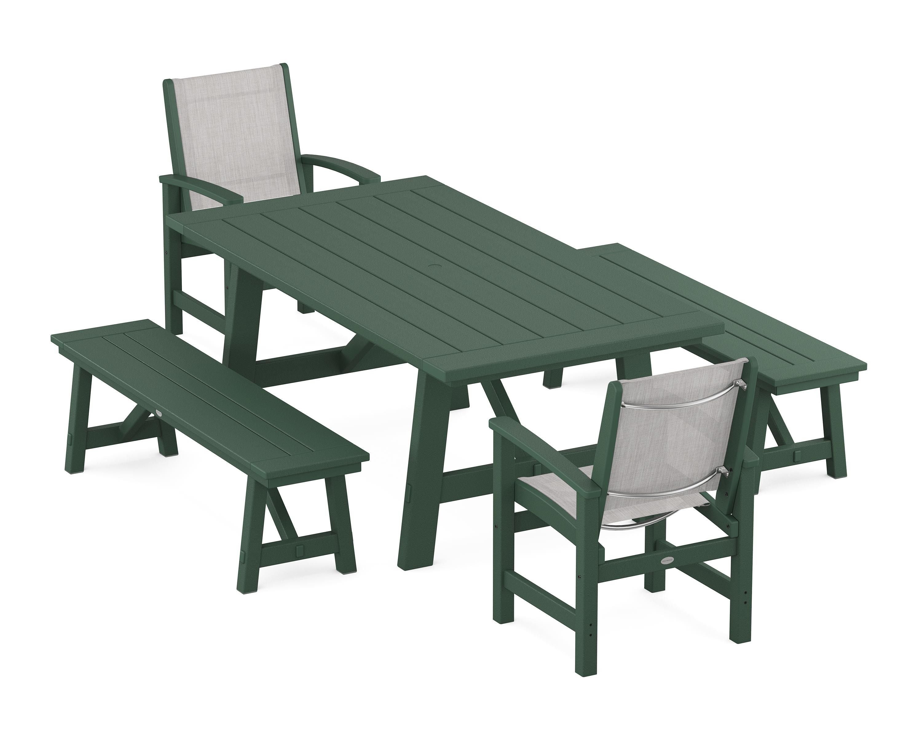 POLYWOOD Coastal 5-Piece Rustic Farmhouse Dining Set With Benches in Green / Parchment Sling