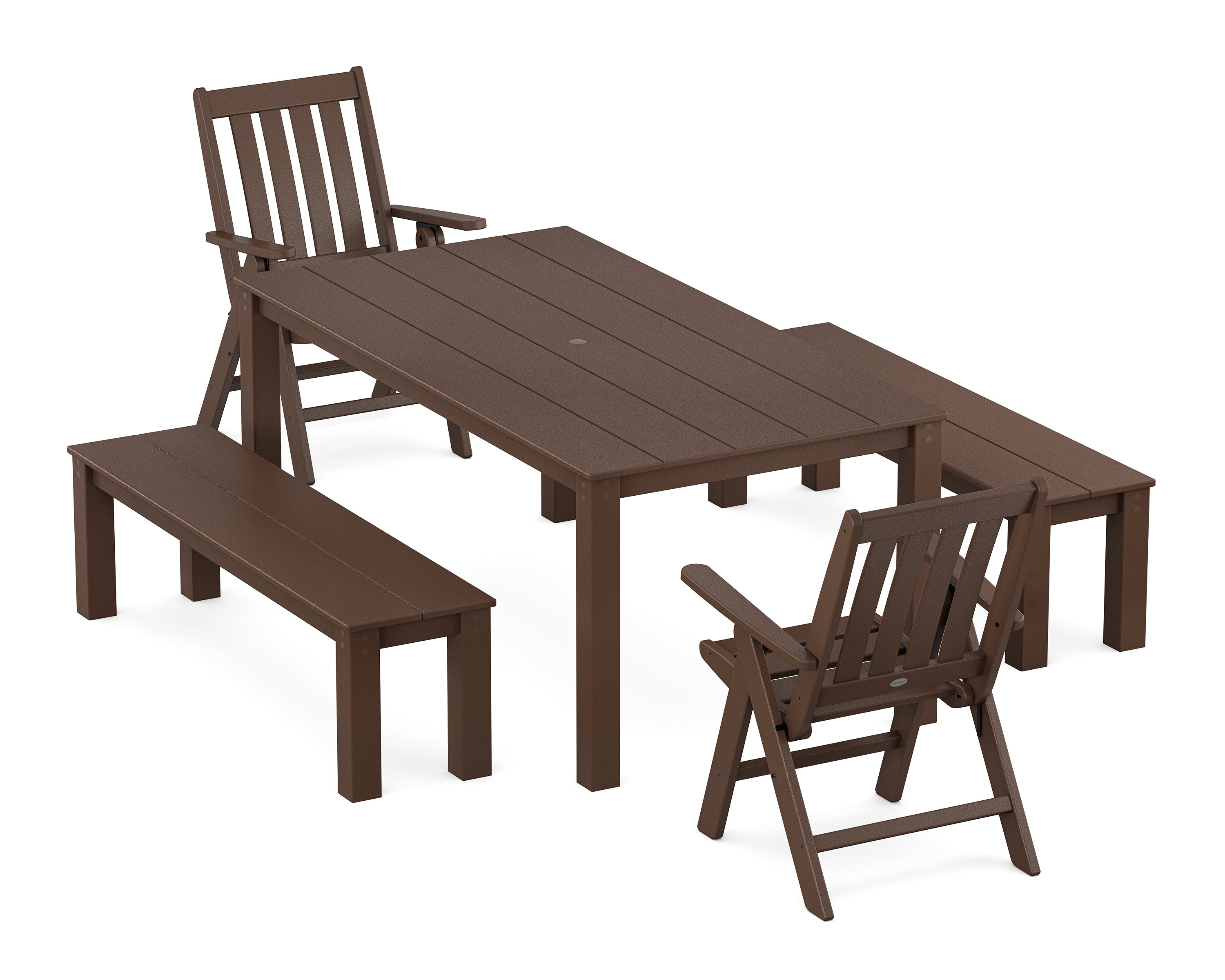 POLYWOOD® Vineyard Folding Chair 5-Piece Parsons Dining Set with Benches in Mahogany