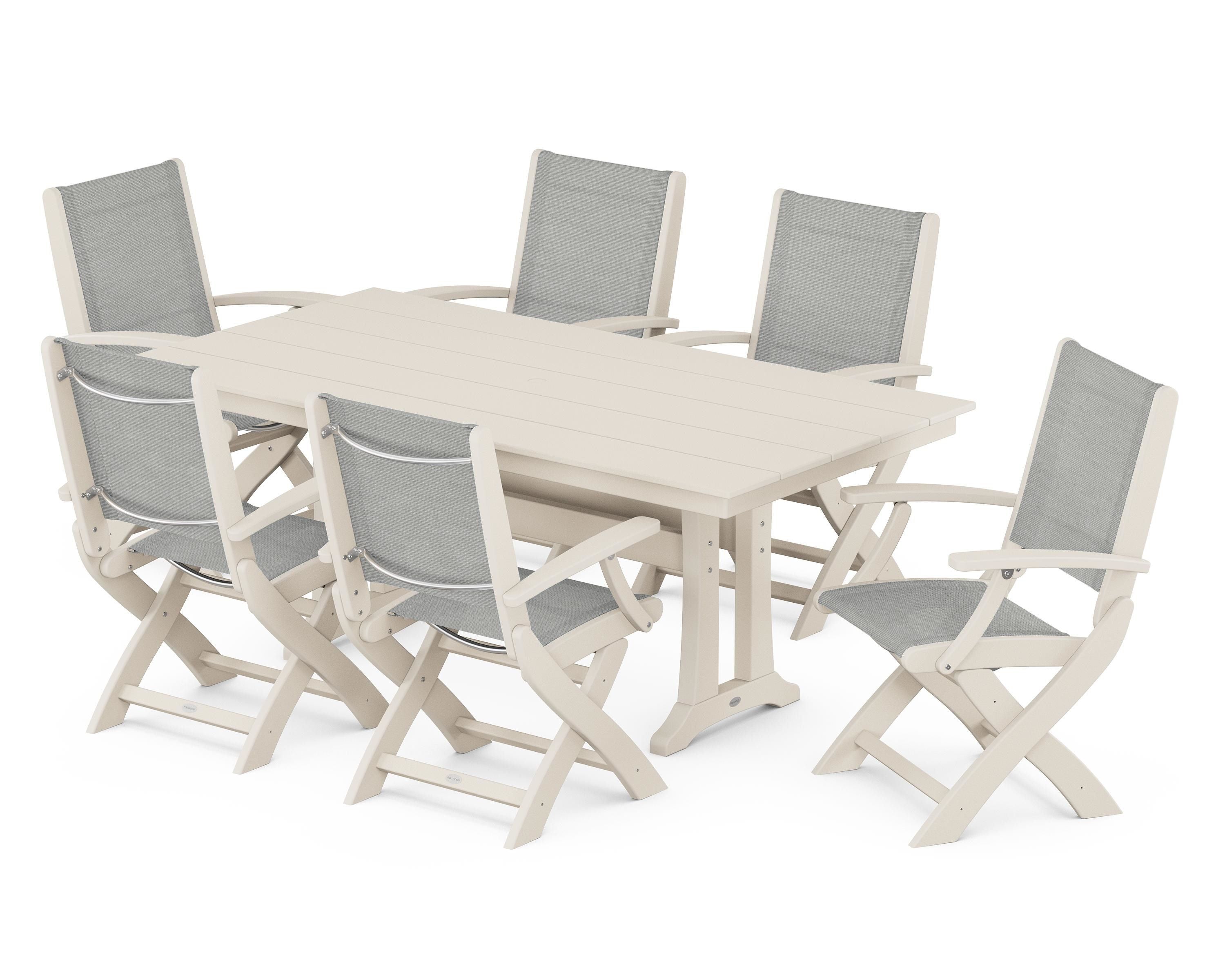 POLYWOOD Coastal Folding Arm Chair 7-Piece Farmhouse Dining Set with Trestle Legs in Sand / Metallic Sling