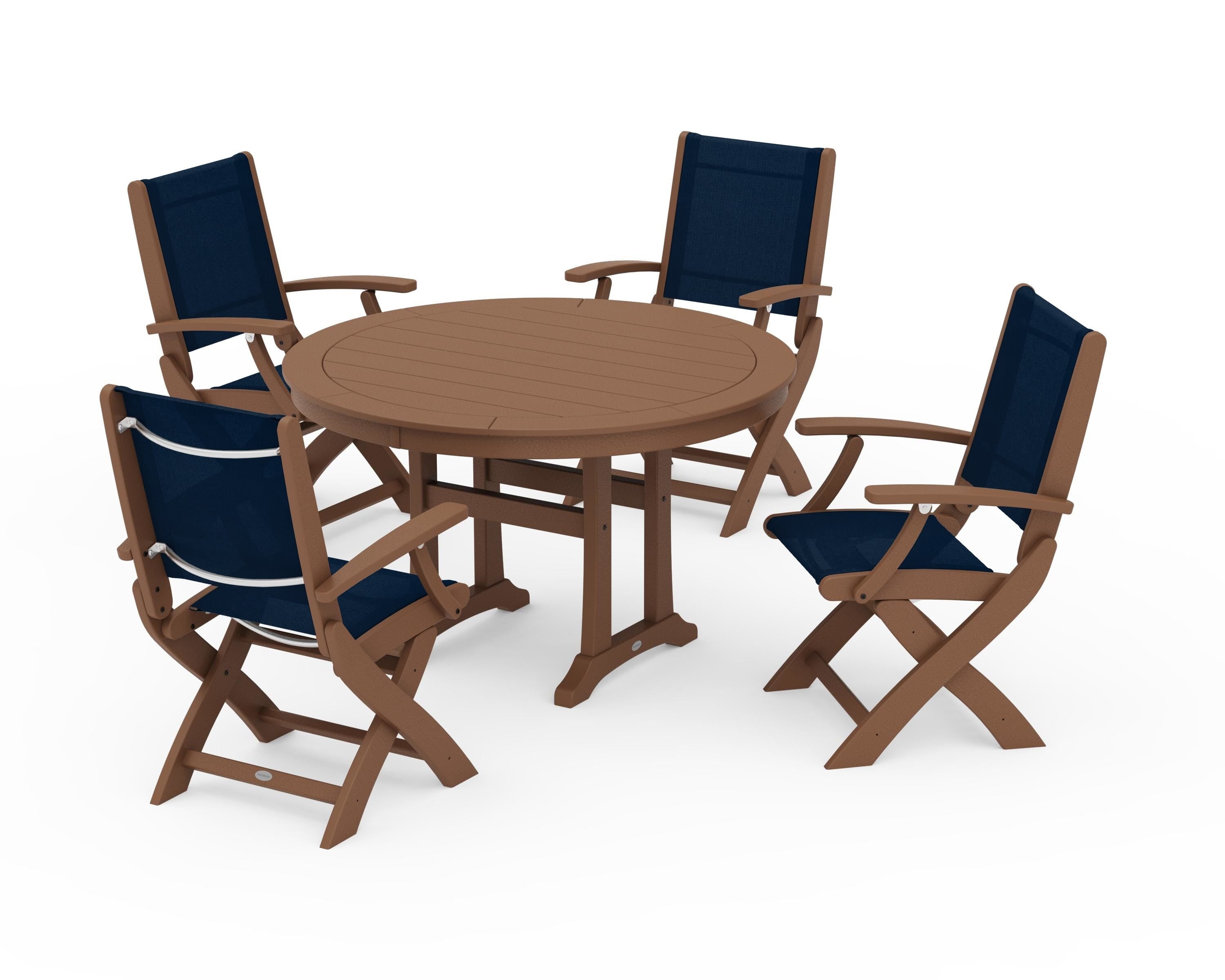 POLYWOOD Coastal Folding Chair 5-Piece Round Dining Set with Trestle Legs in Teak / Navy Blue Sling