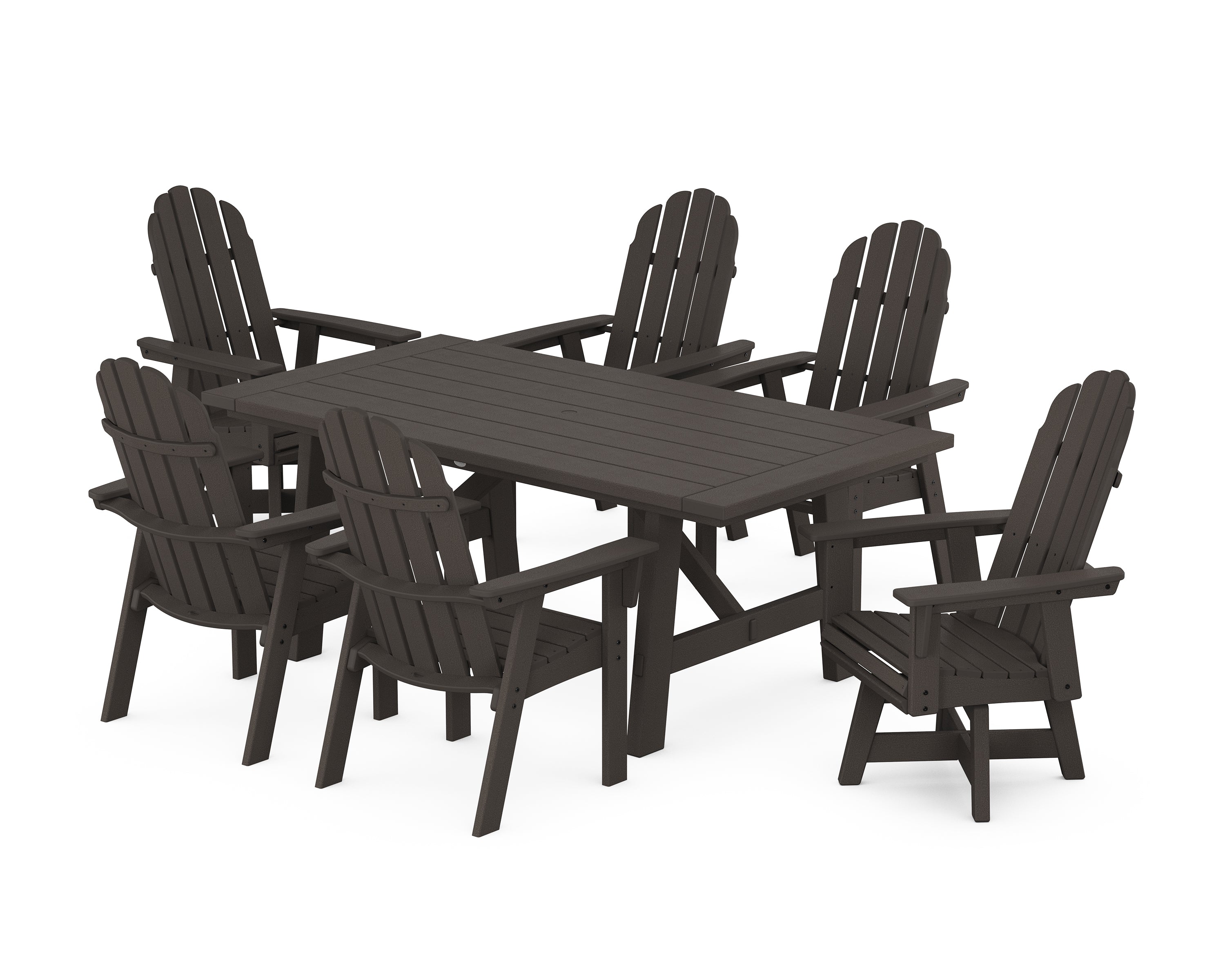 POLYWOOD Vineyard Curveback Adirondack Swivel Chair 7-Piece Rustic Farmhouse Dining Set in Vintage Coffee
