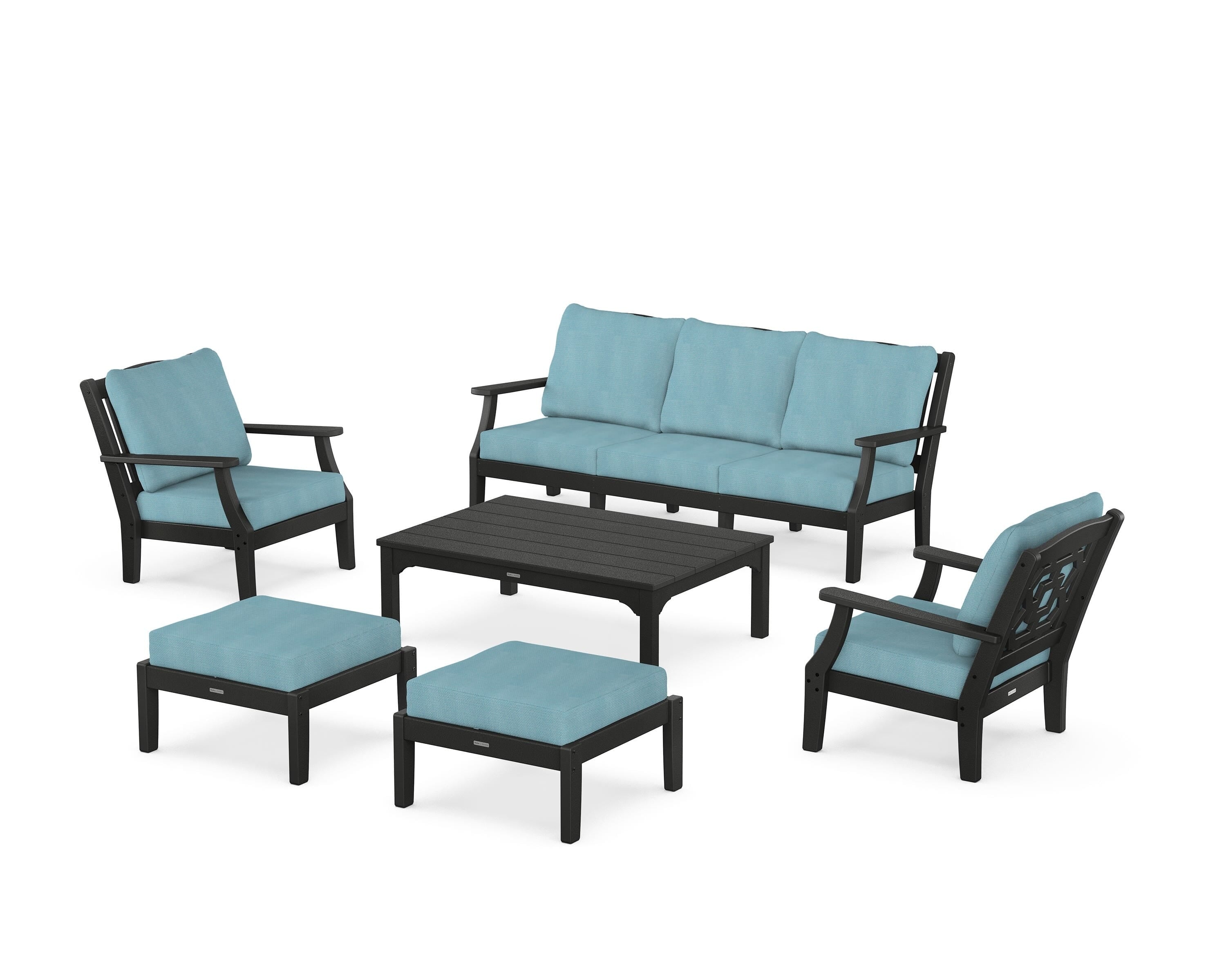 Martha Stewart by POLYWOOD Chinoiserie 6-Piece Lounge Sofa Set in Black / Lattice Sky Blue