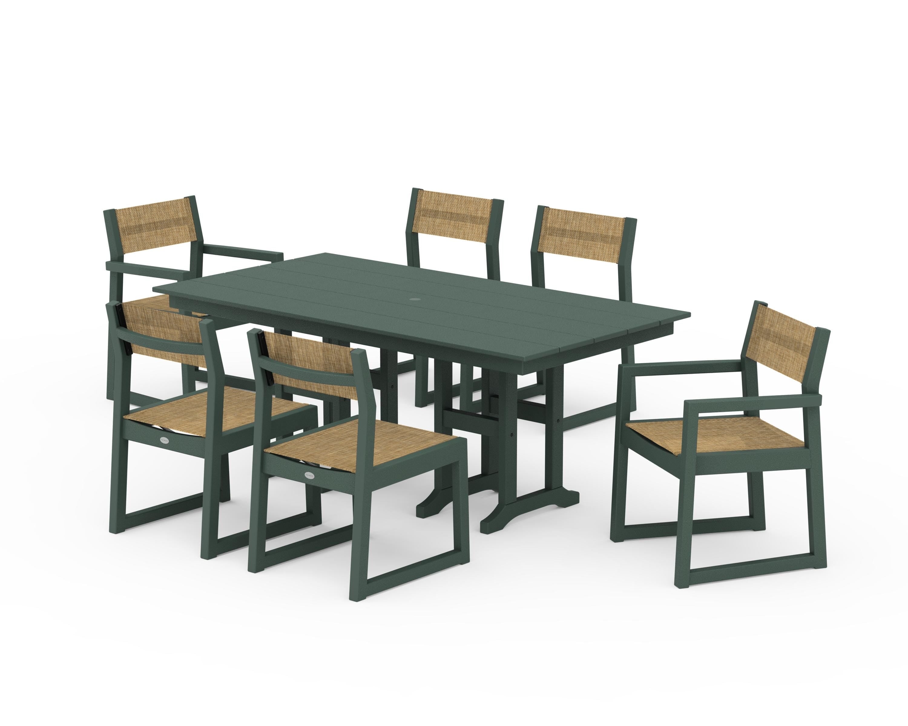 POLYWOOD EDGE Sling 7-Piece Farmhouse Dining Set in Green / Burlap Sling