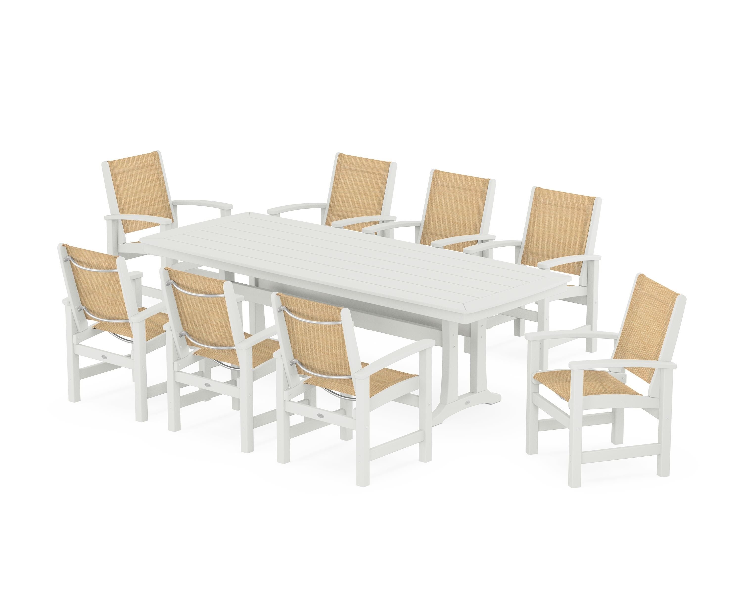 POLYWOOD Coastal 9-Piece Dining Set with Trestle Legs in Vintage White / Dupioni Apricot Sling