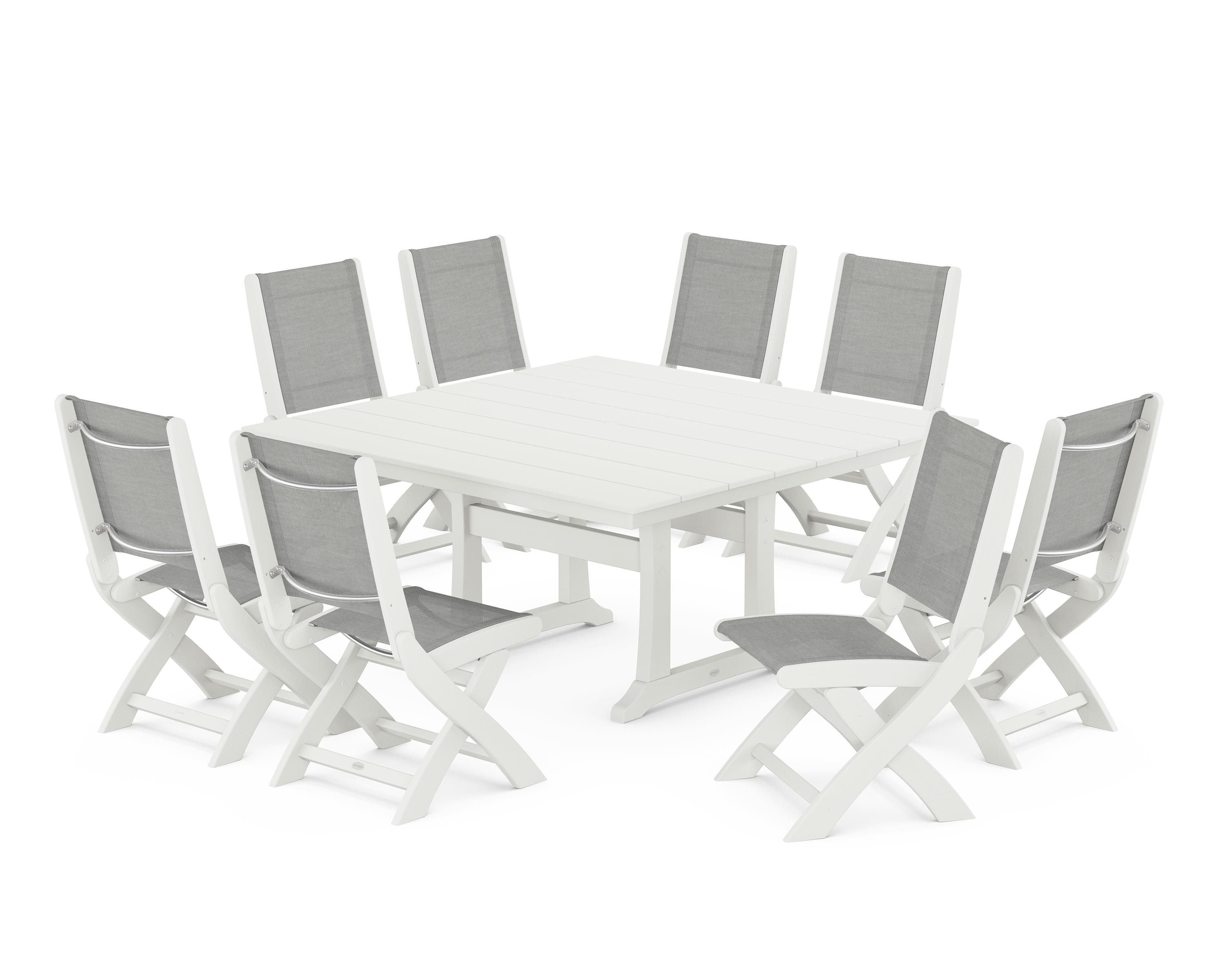 POLYWOOD Coastal Folding Side Chair 9-Piece Farmhouse Dining Set in Vintage White / Metallic Sling