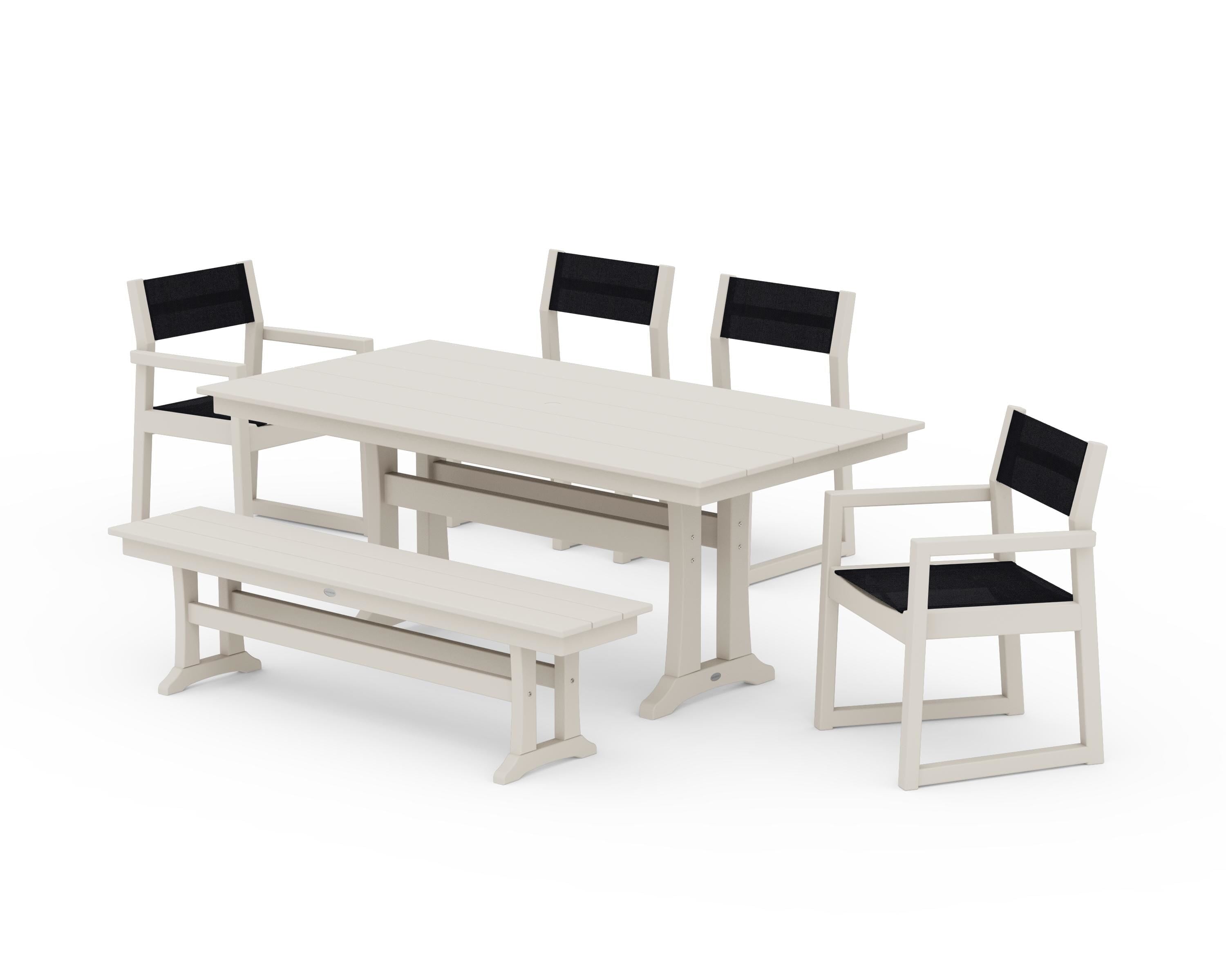 POLYWOOD EDGE Sling 6-Piece Farmhouse Dining Set With Trestle Legs in Sand / Black Sling