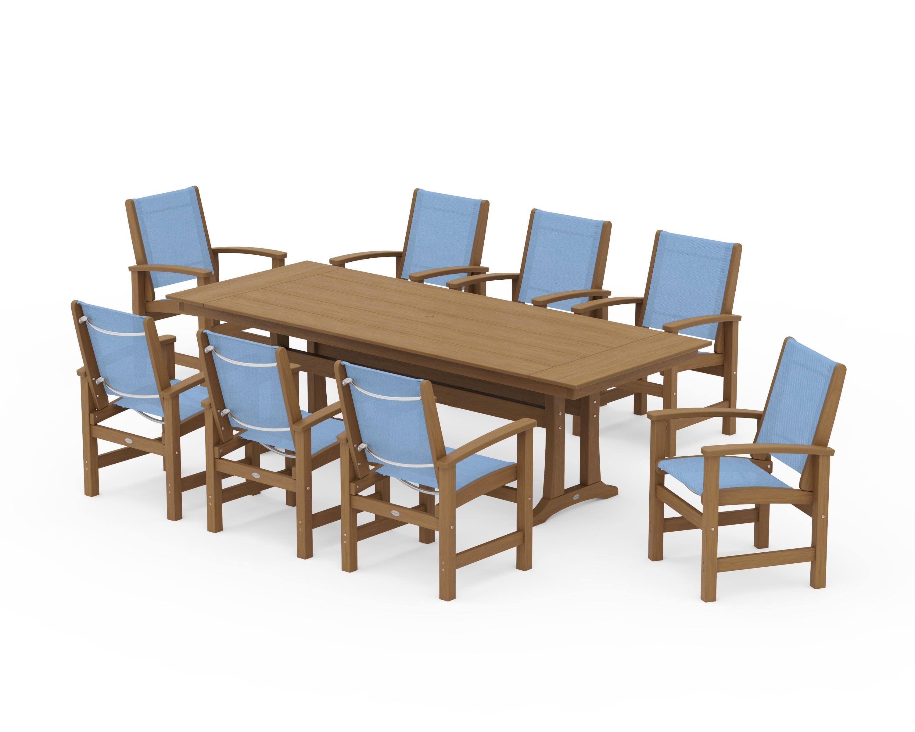POLYWOOD Coastal 9-Piece Farmhouse Dining Set with Trestle Legs in Natural / Poolside Sling