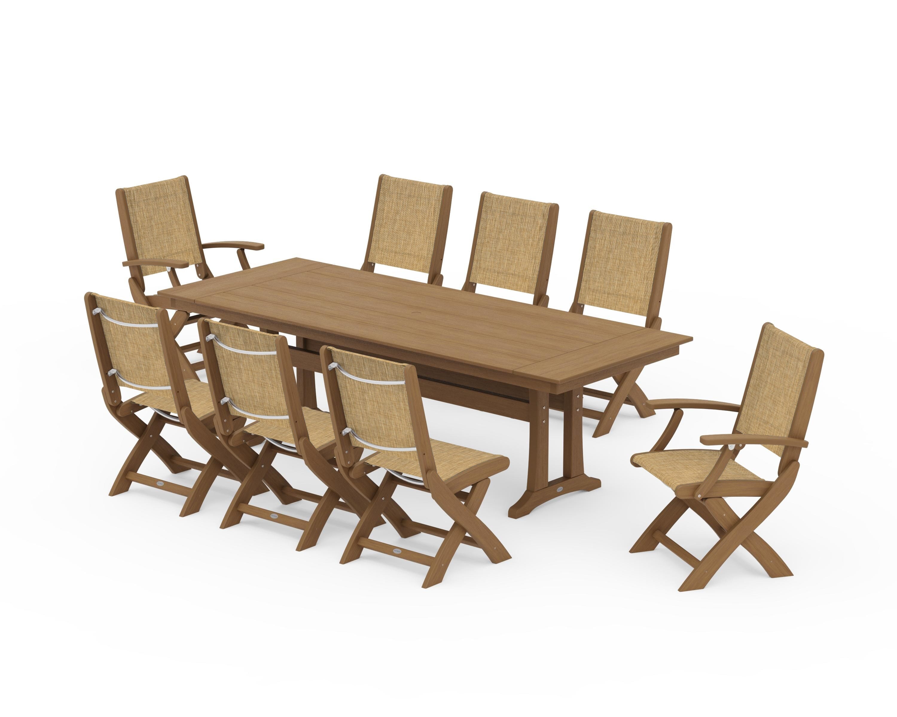 POLYWOOD Coastal 9-Piece Folding Dining Chair Farmhouse Dining Set with Trestle Legs in Natural / Burlap Sling