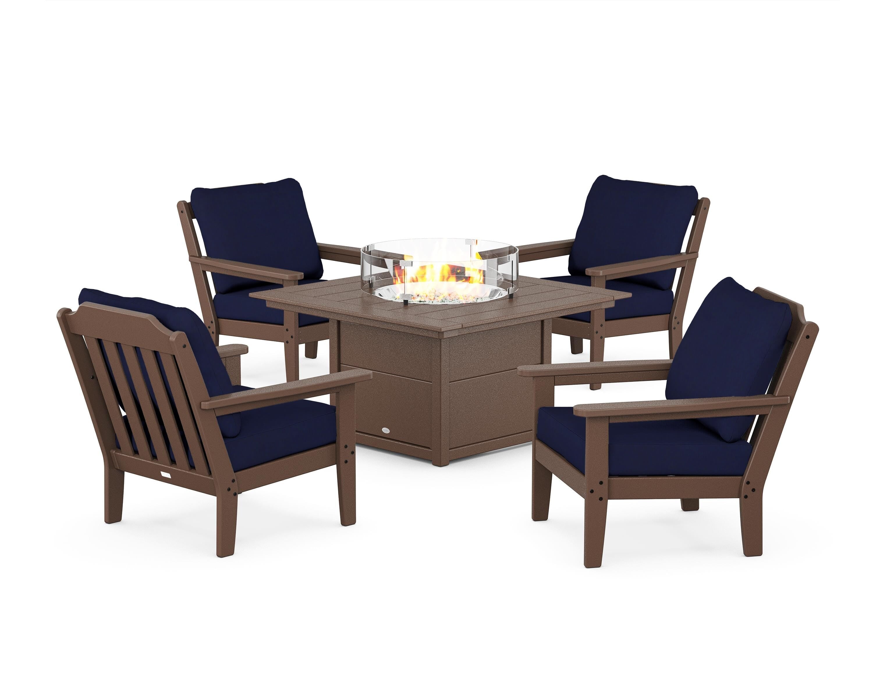 Country Living Cottage 5-Piece Deep Seating Set with Fire Pit Table in Mahogany / Navy