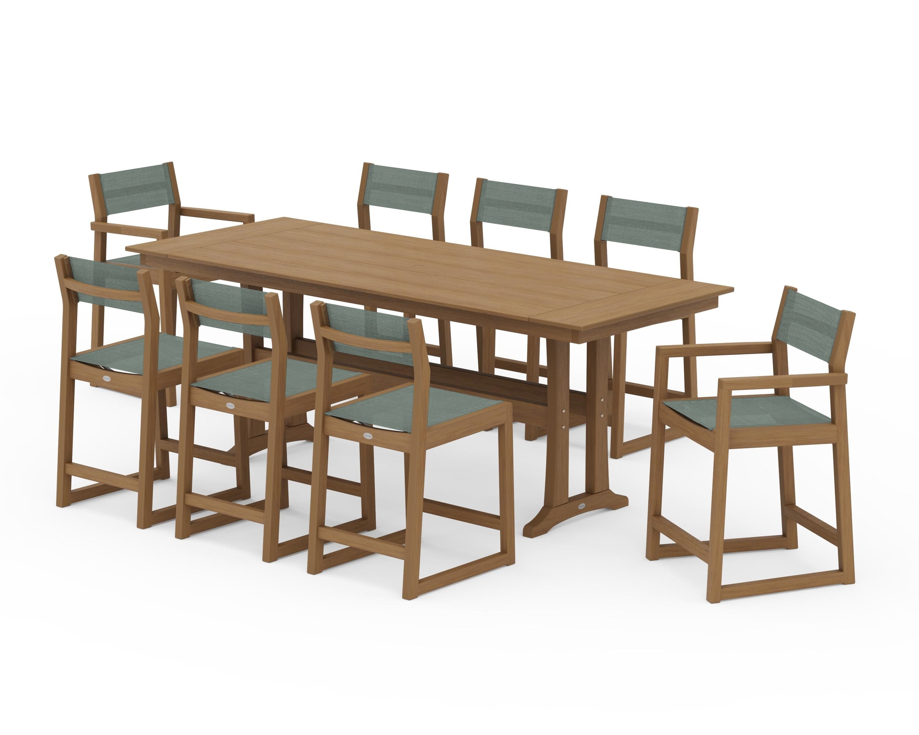 POLYWOOD EDGE Sling 9-Piece Farmhouse Counter Set with Trestle Legs in Natural / Dupioni Sea Mist Sling