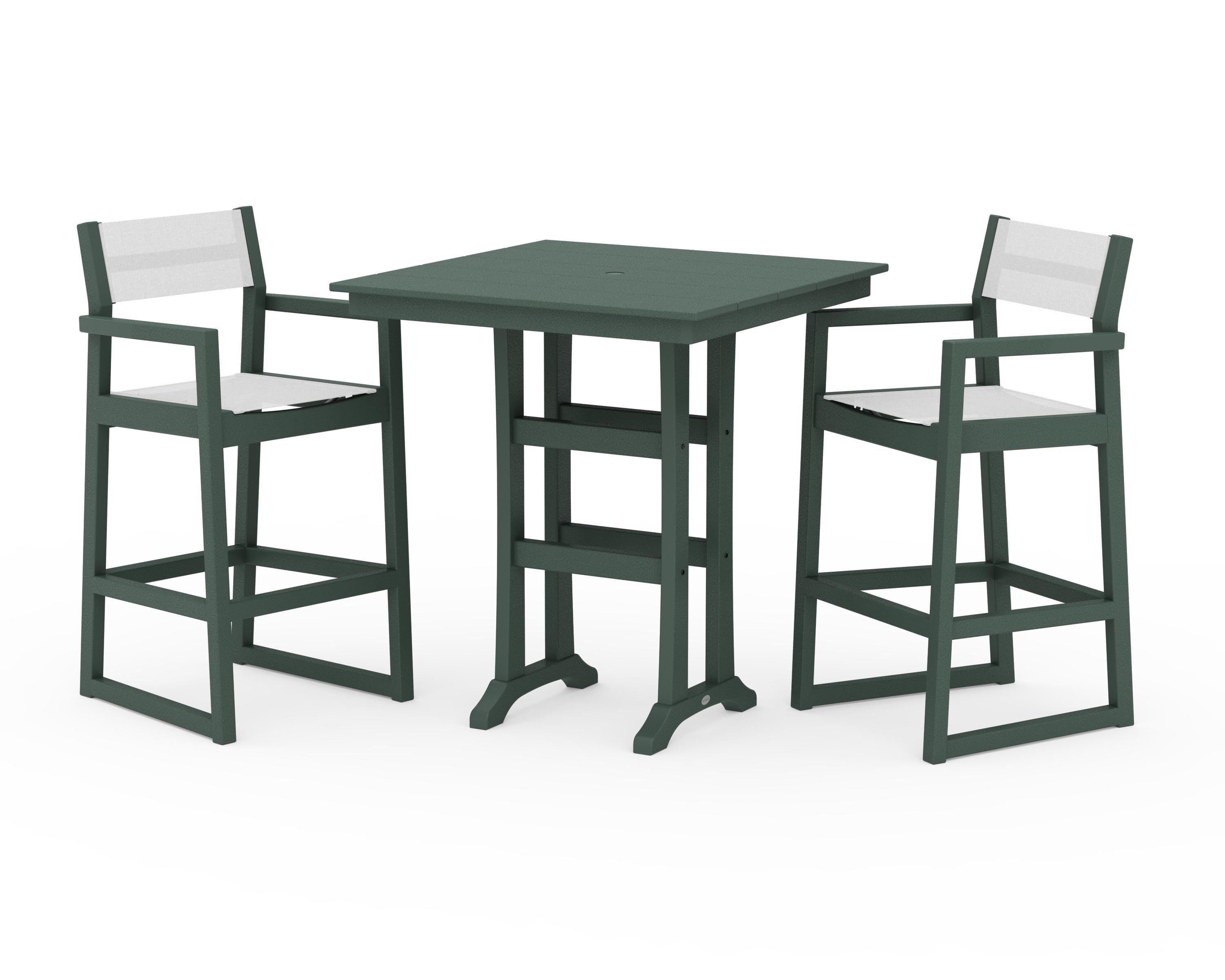POLYWOOD EDGE Sling Arm Chair 3-Piece Farmhouse Bar Set with Trestle Legs in Green / White Sling