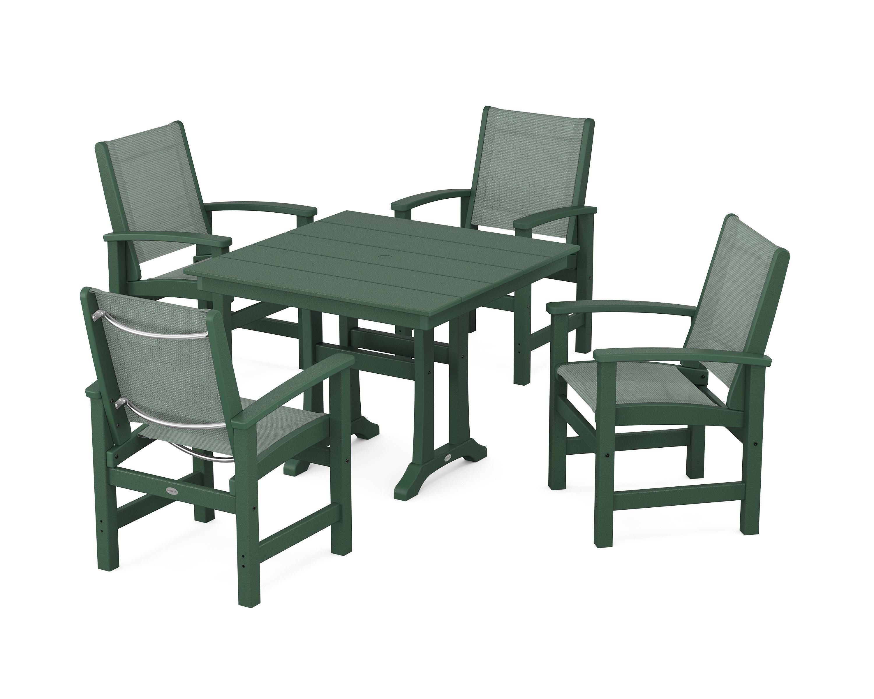 POLYWOOD Coastal 5-Piece Farmhouse Dining Set With Trestle Legs in Green / Dupioni Sea Mist Sling