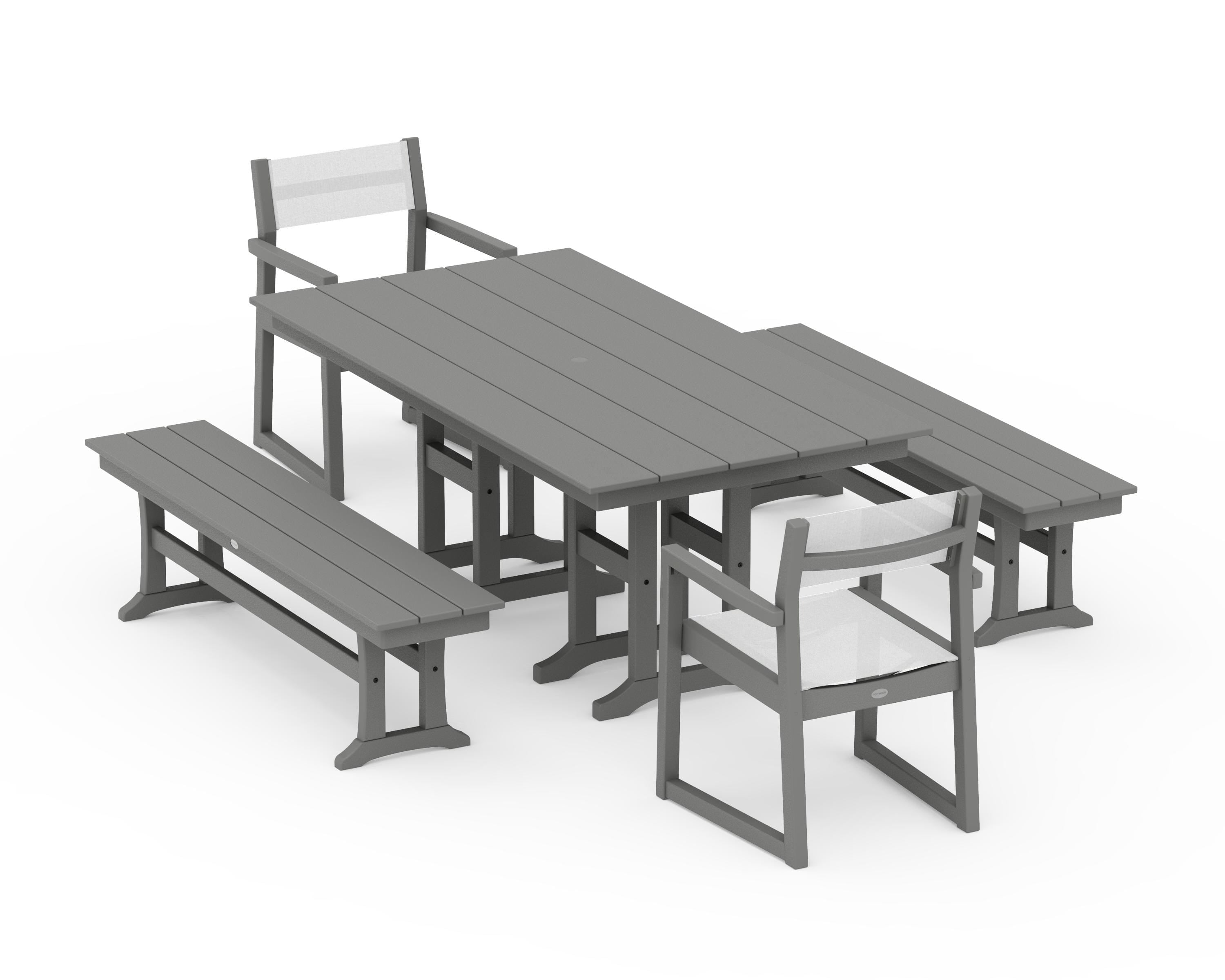 POLYWOOD EDGE Sling Arm Chair 5-Piece Farmhouse Dining Set with Benches in Slate Grey / White Sling