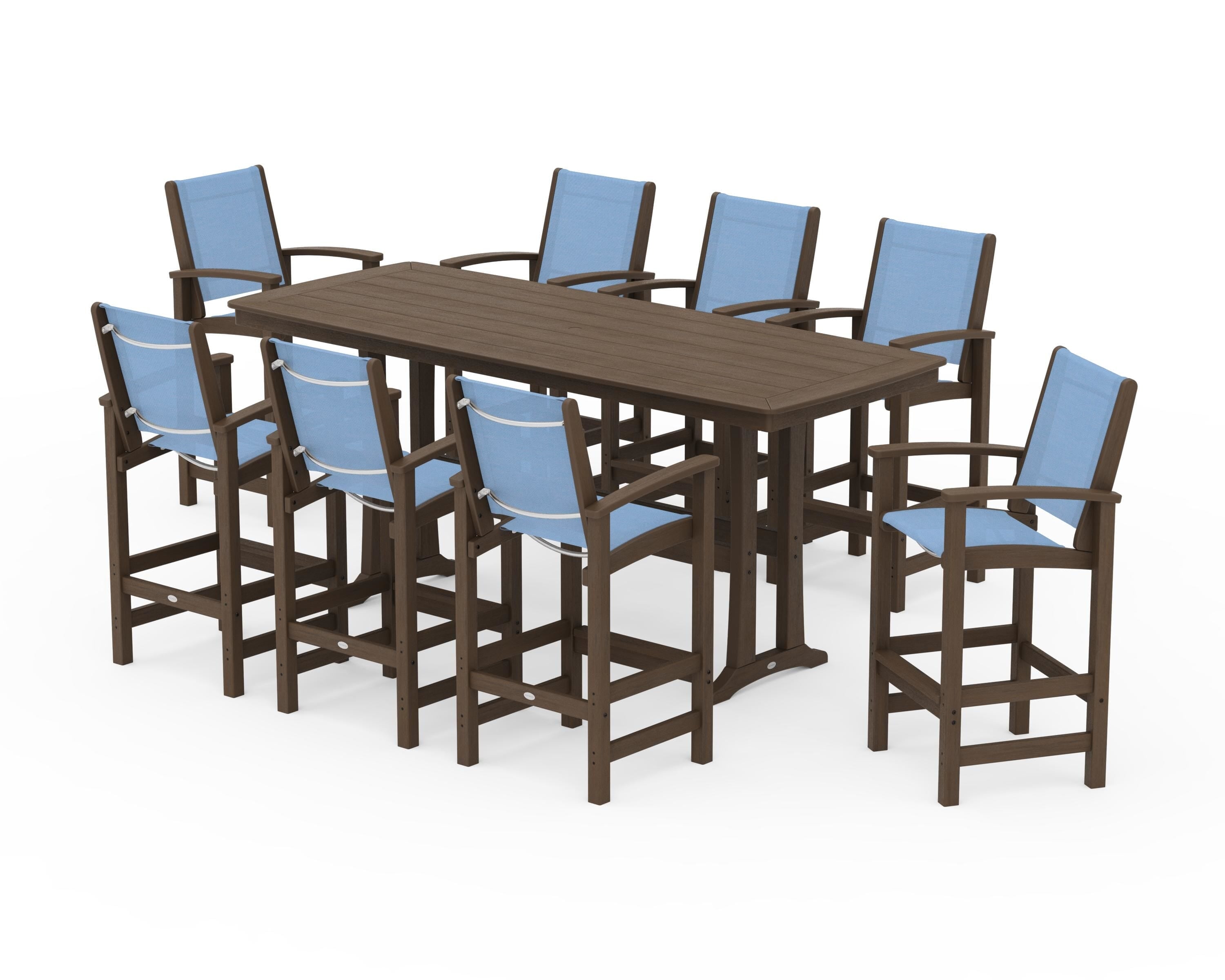 POLYWOOD Coastal 9-Piece Bar Set with Trestle Legs in Kona / Poolside Sling