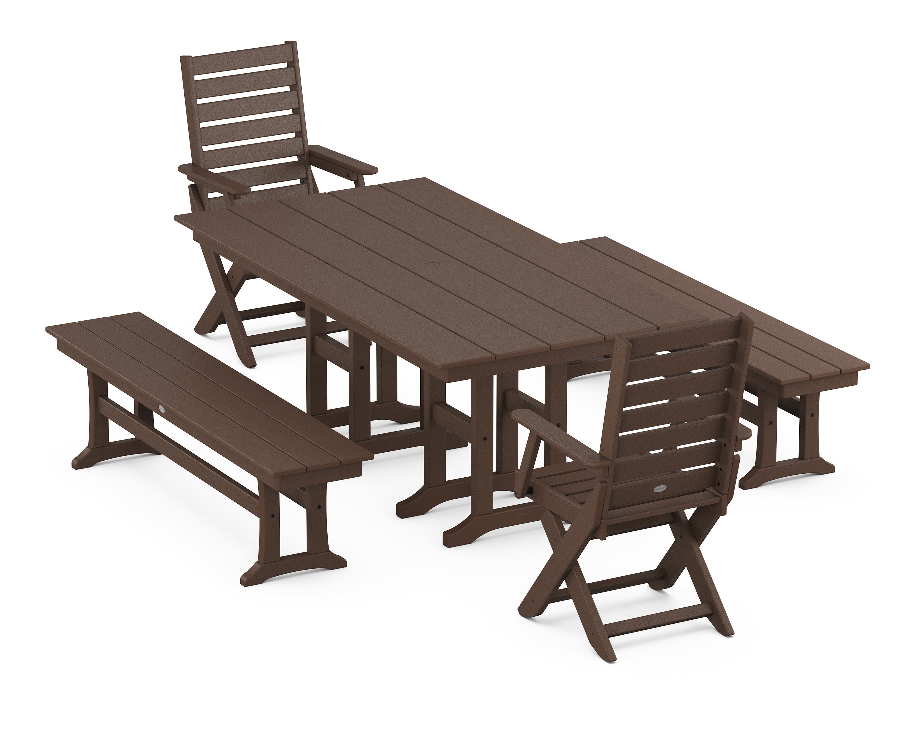 POLYWOOD Captain Folding Chair 5-Piece Farmhouse Dining Set with Benches in Mahogany