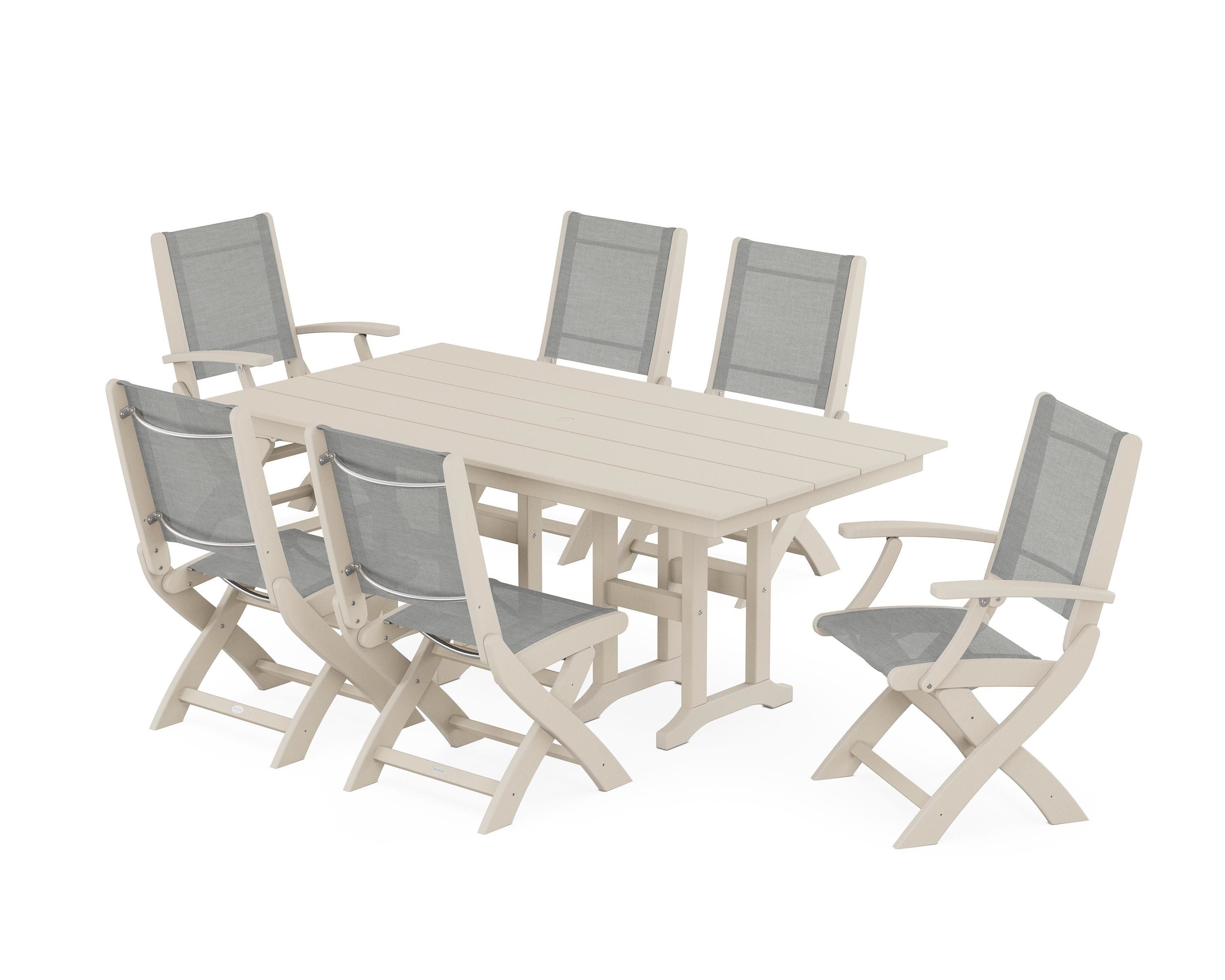 POLYWOOD Coastal Folding Chair 7-Piece Farmhouse Dining Set in Sand / Metallic Sling