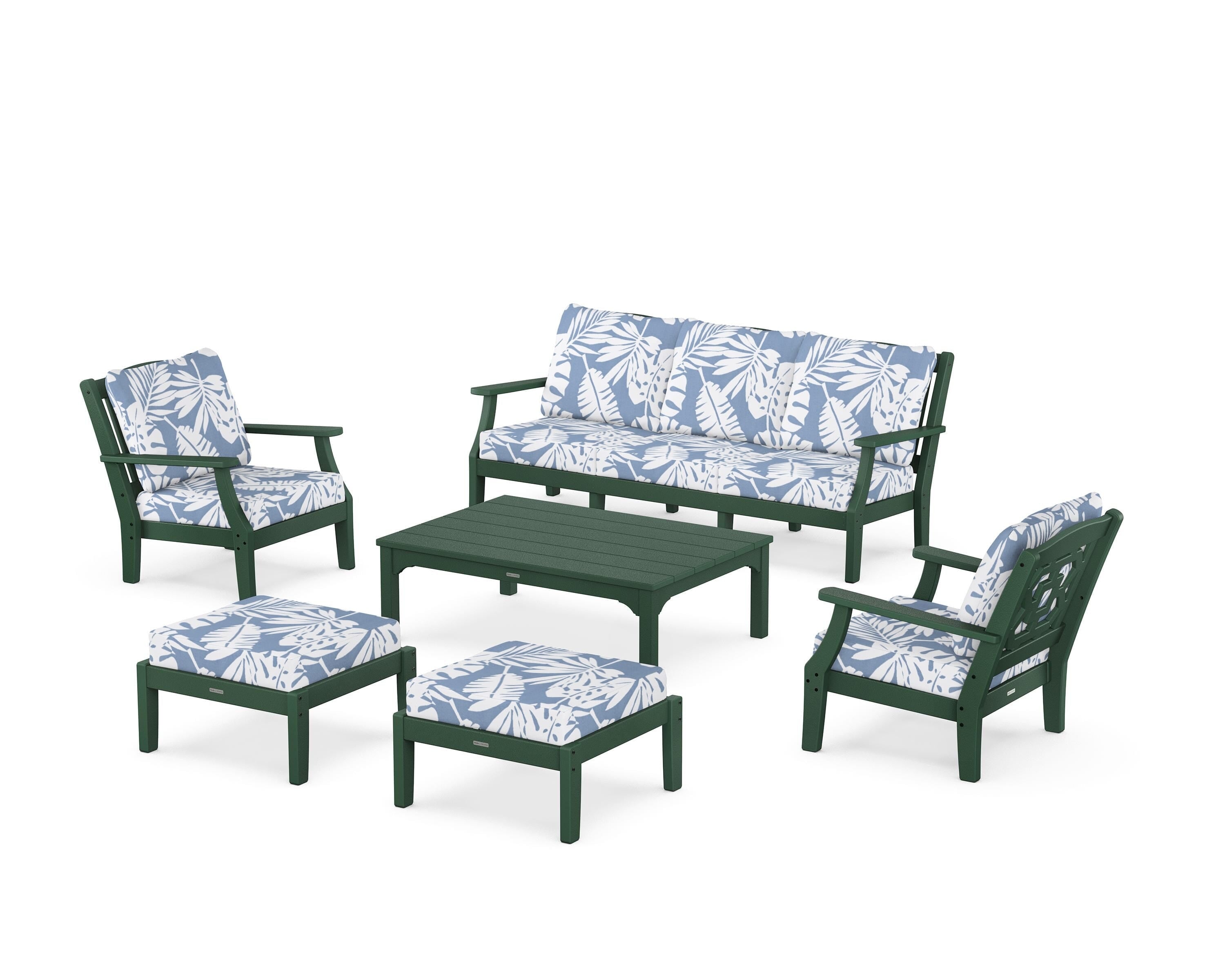 Martha Stewart by POLYWOOD Chinoiserie 6-Piece Lounge Sofa Set in Green / Leaf Sky Blue