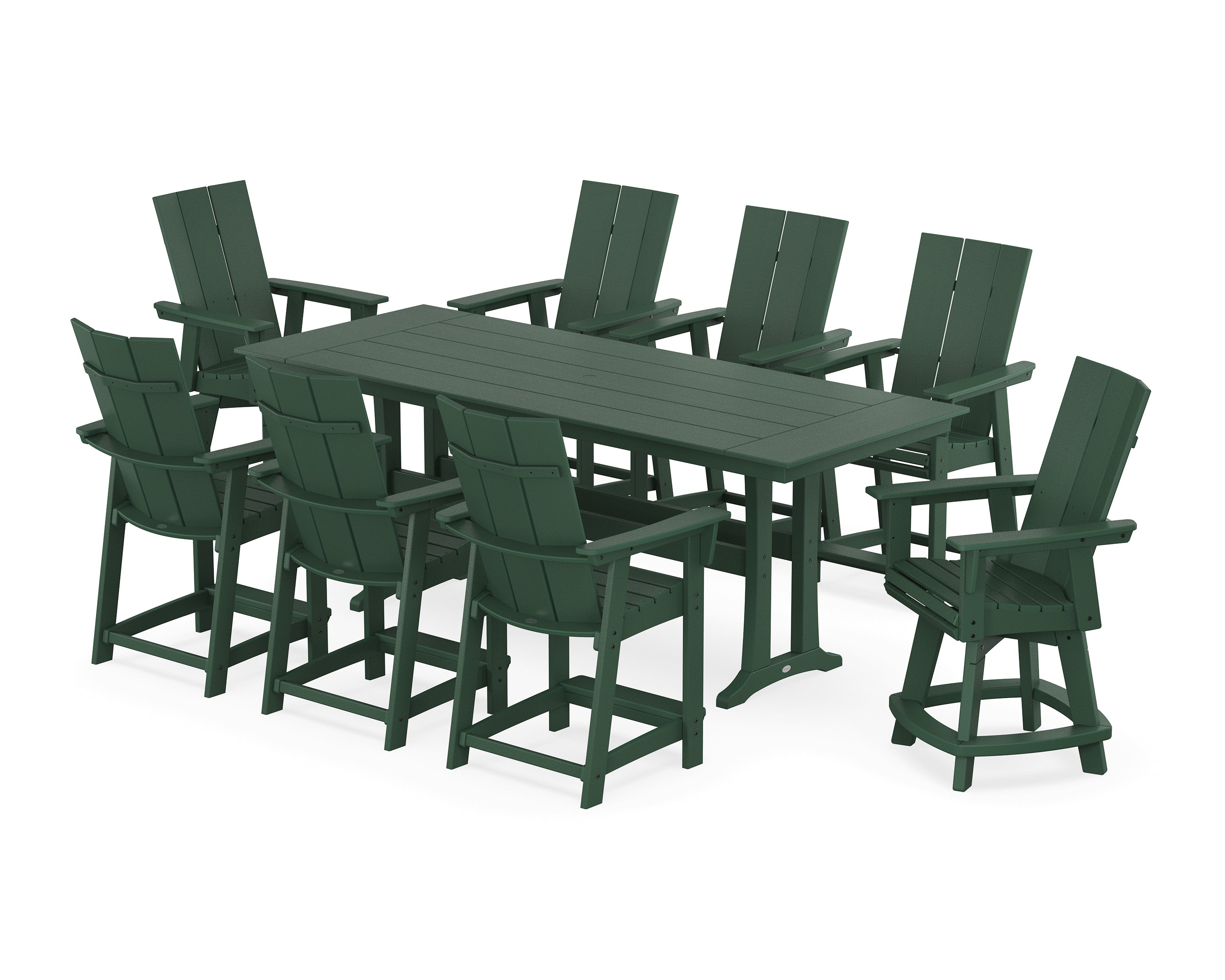 POLYWOOD® Modern Curveback Adirondack Swivel 9-Piece Farmhouse Counter Set with Trestle Legs in Green