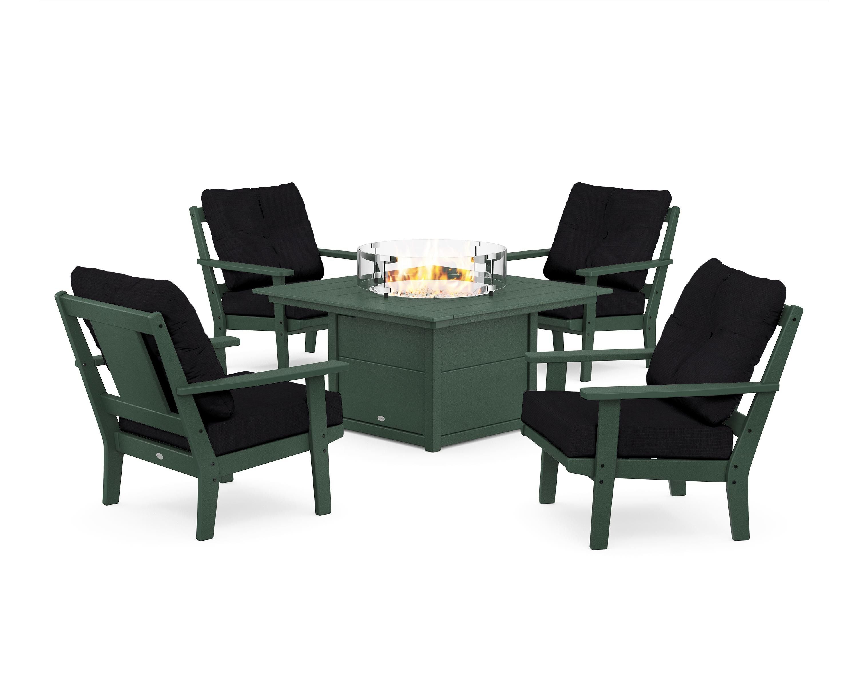 POLYWOOD Prairie 5-Piece Deep Seating Set with Fire Pit Table in Green / Midnight Linen