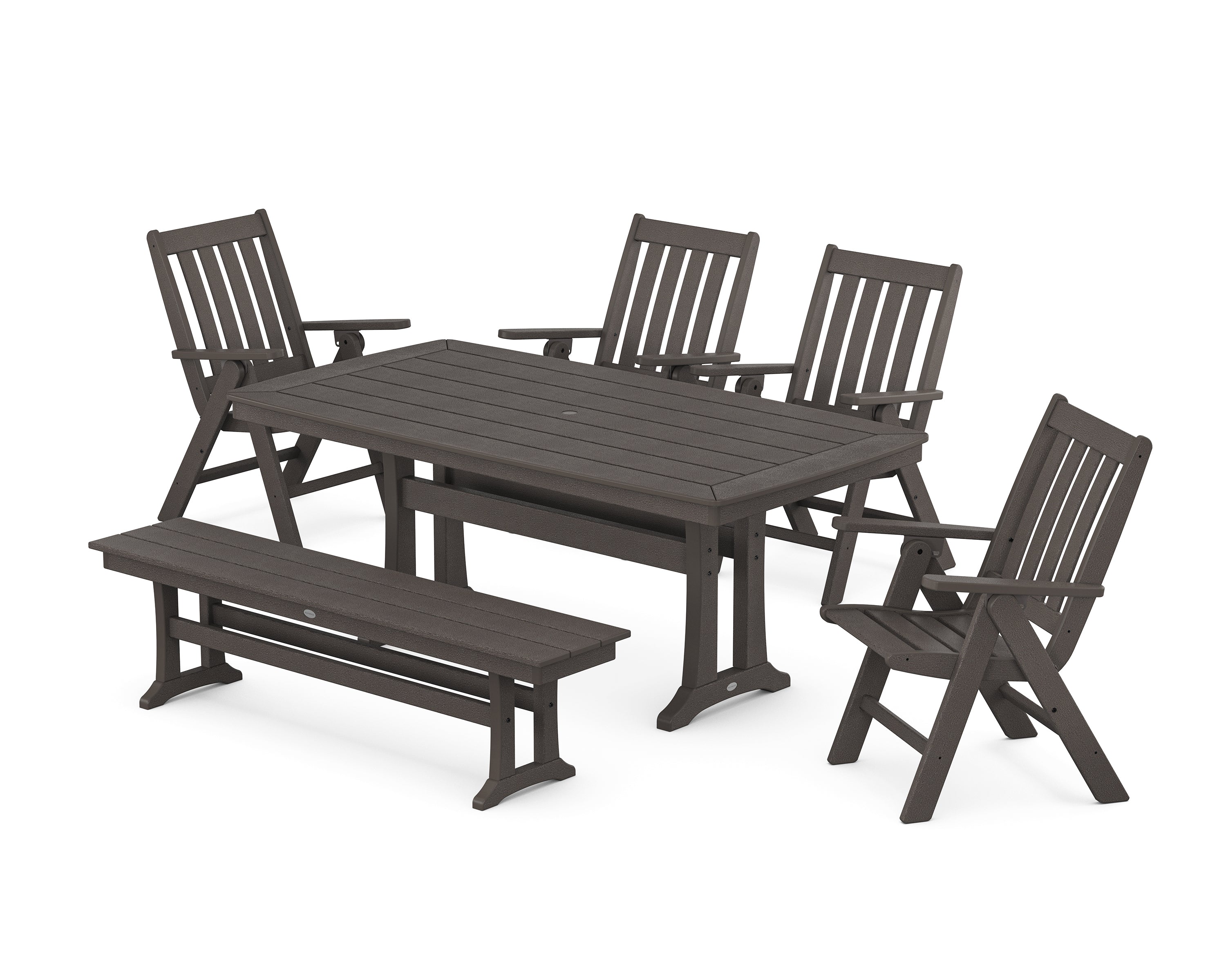 POLYWOOD Vineyard Folding Chair 6-Piece Dining Set with Trestle Legs and Bench in Vintage Coffee