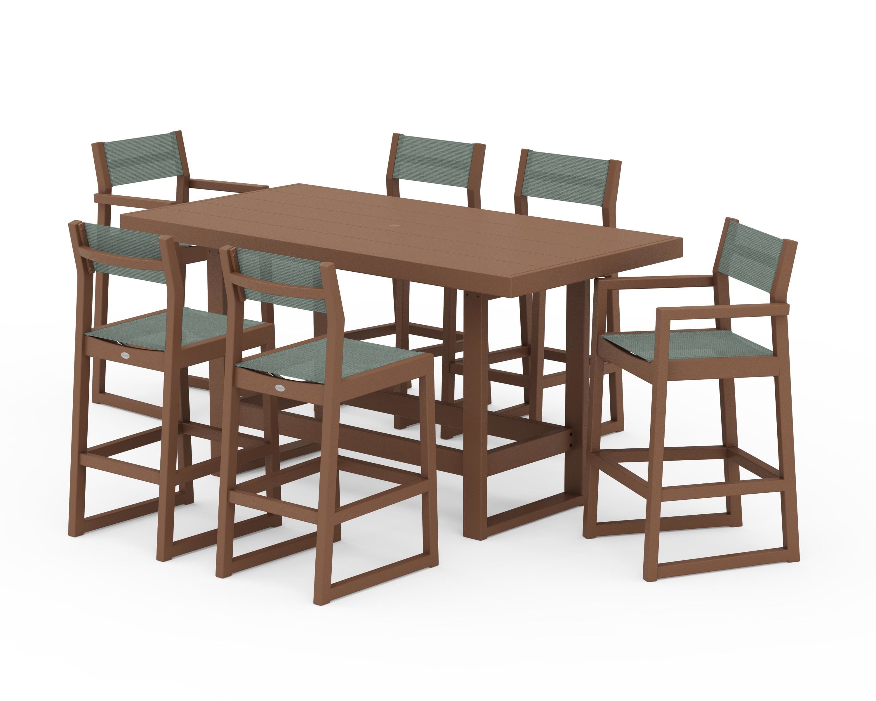 POLYWOOD EDGE Sling 7-Piece Bar Table Set in Teak / Dupioni Sea Mist Sling