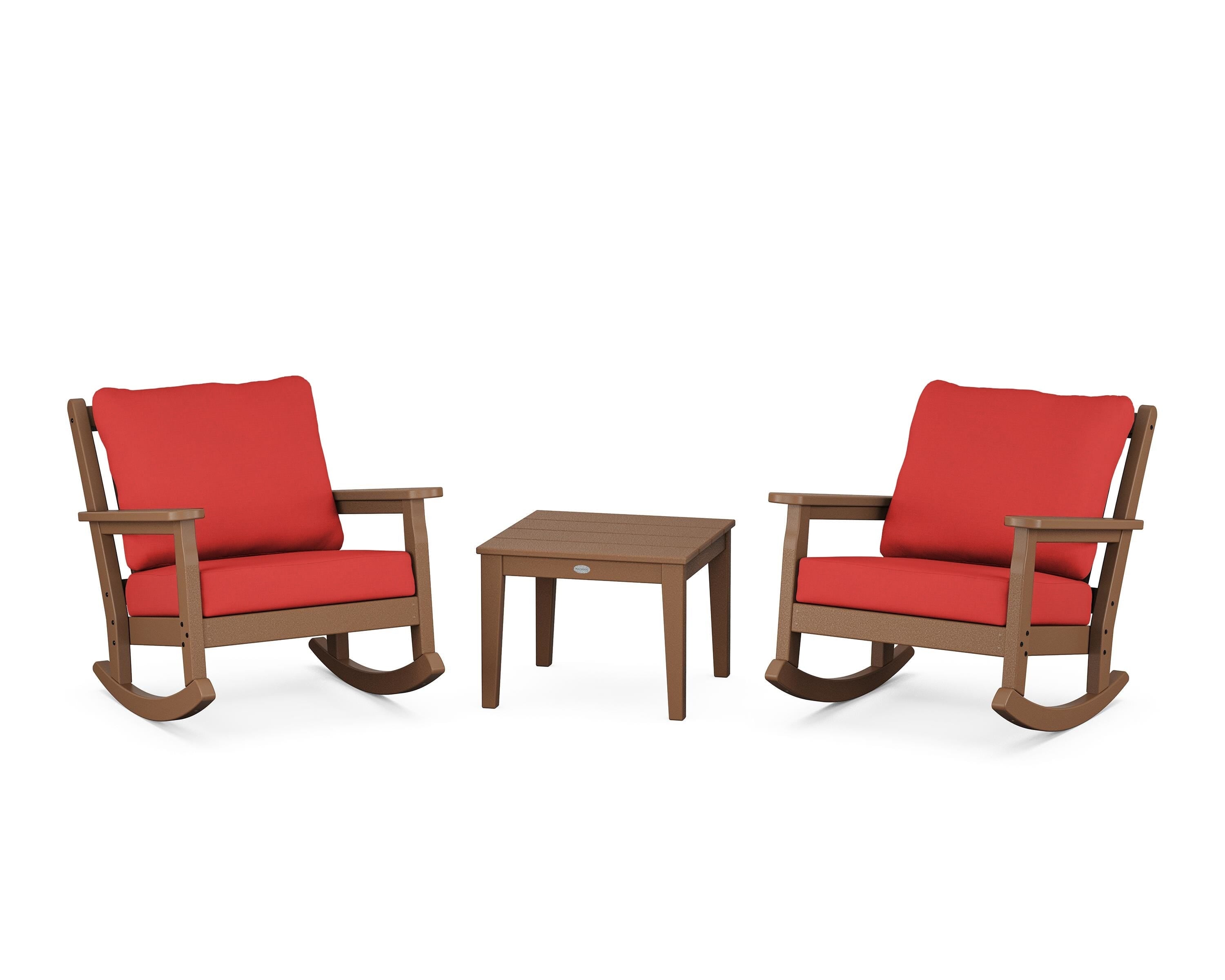 POLYWOOD Chippendale 3-Piece Deep Seating Rocker Set in Teak / Crimson Linen