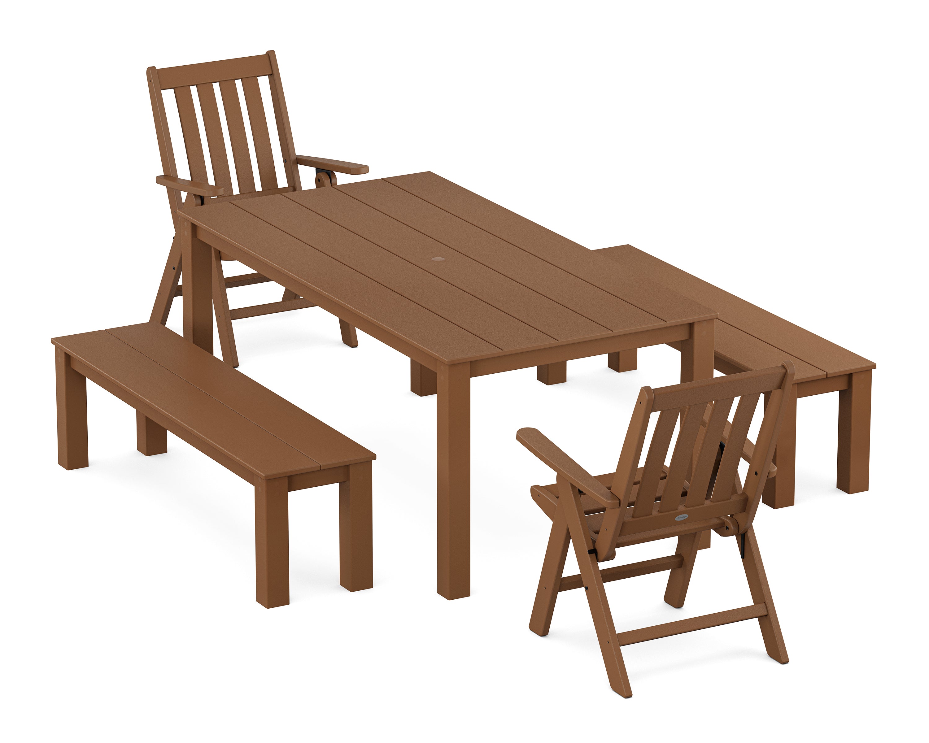 POLYWOOD Vineyard Folding Chair 5-Piece Parsons Dining Set with Benches in Teak