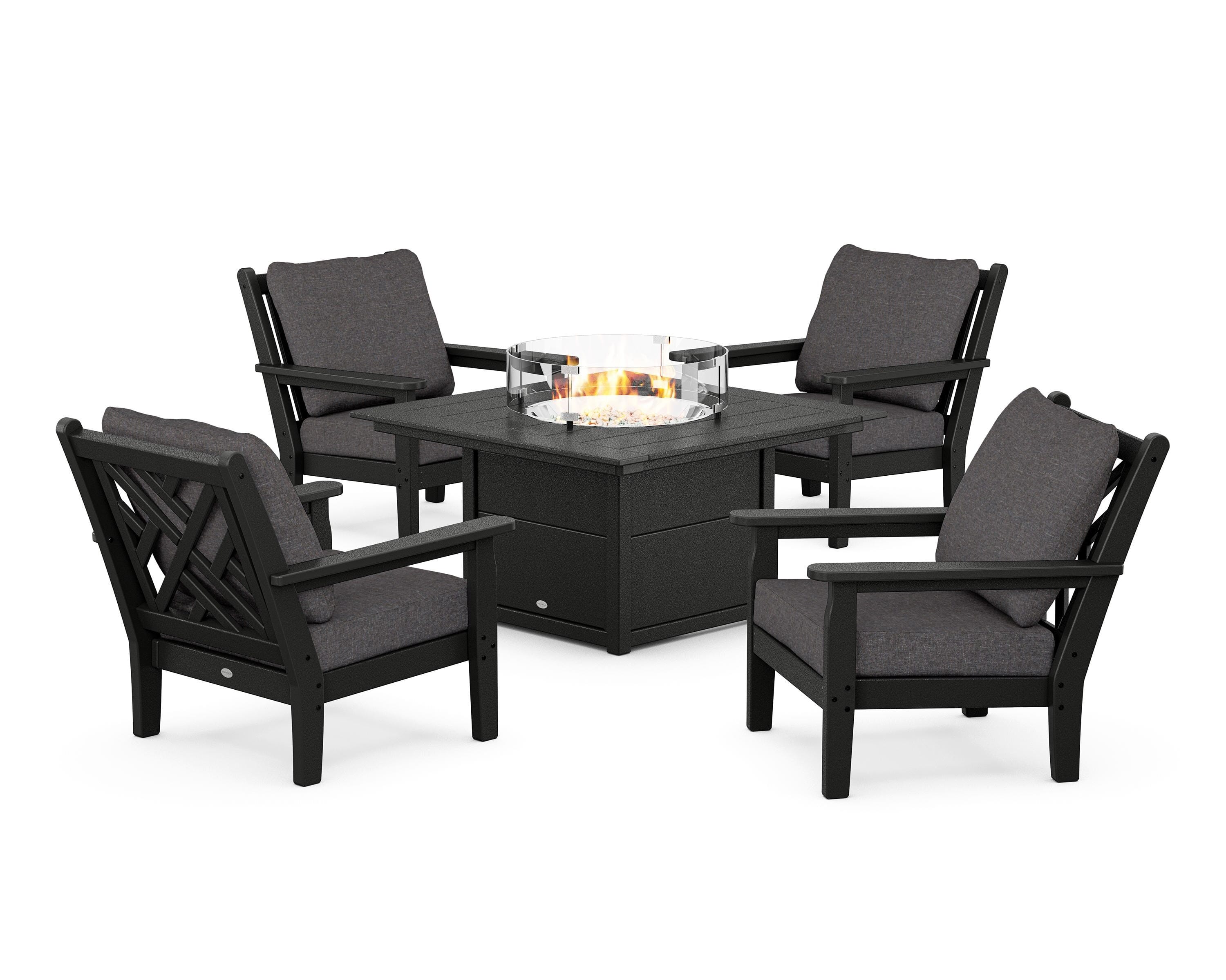 POLYWOOD Chippendale 5-Piece Deep Seating Set with Fire Pit Table in Black / Ash Charcoal