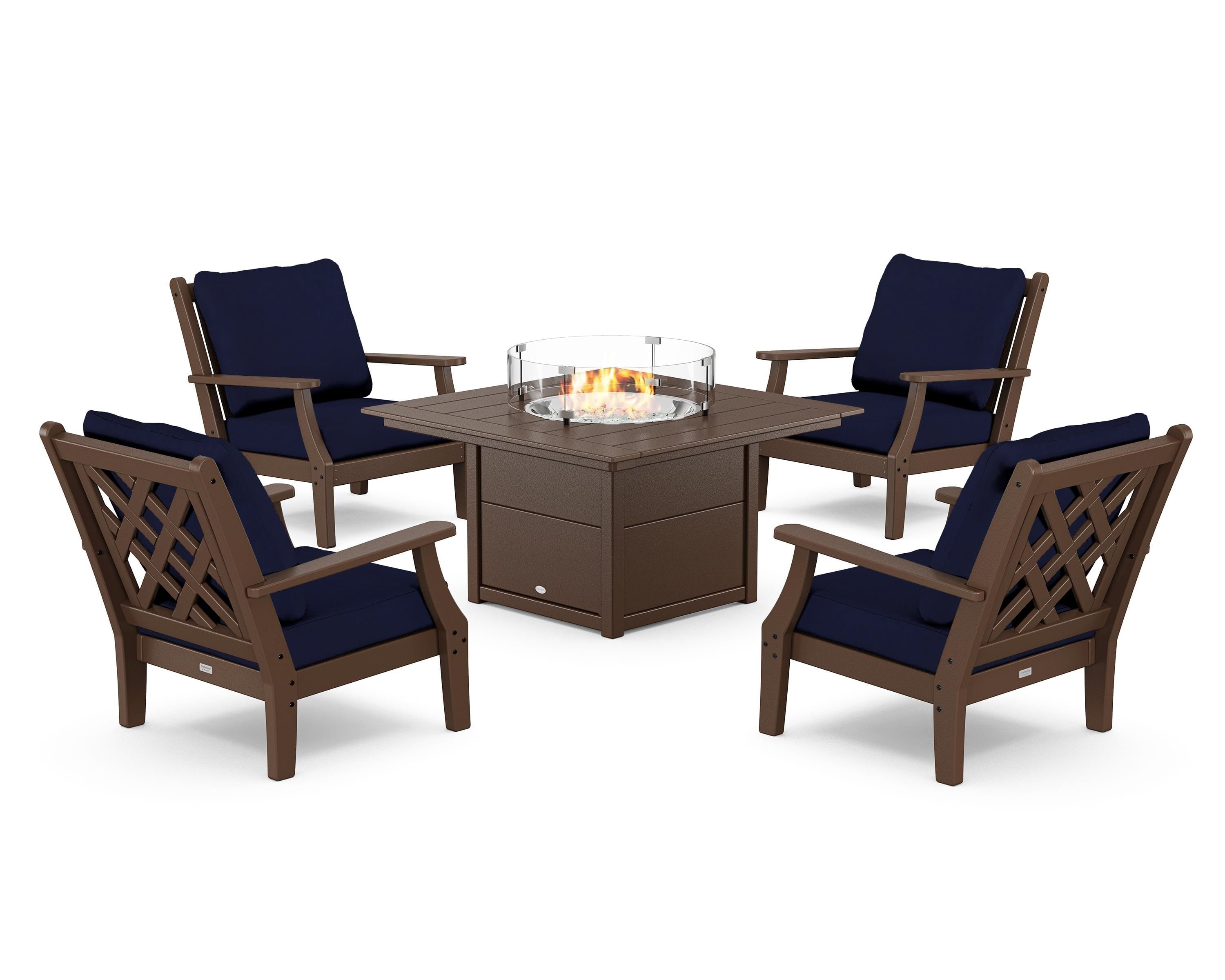 Country Living Wovendale 5-Piece Deep Seating Set with Fire Pit Table in Mahogany / Navy